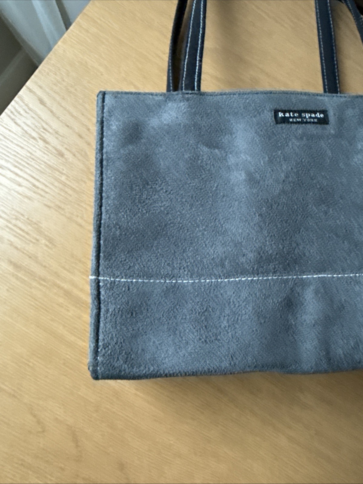 Kate Spade New York Gray Suede Mini Tote Bag Black Webbing Strap Snap Closure