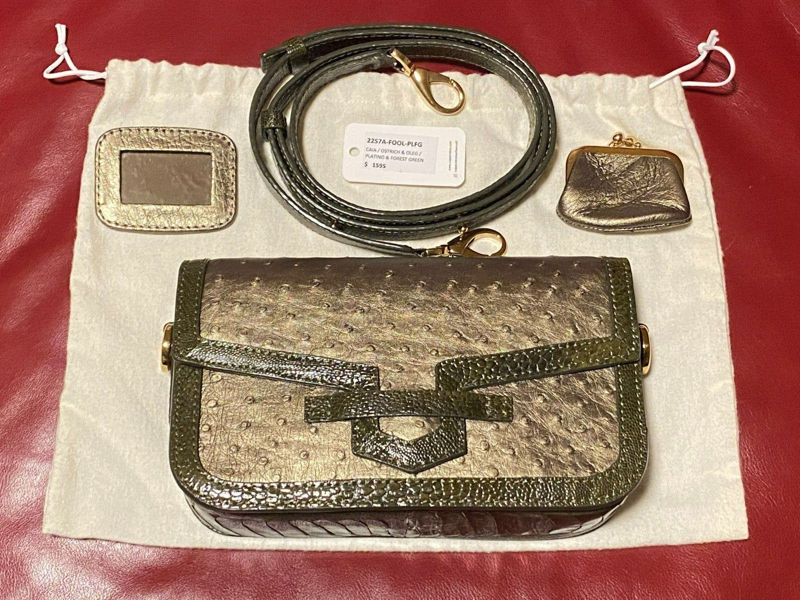 $1595 Cape Cobra CAIA CROSSBODY OSTRICH PLATINO & FOREST GREEN OSTRICH LEG TRIM