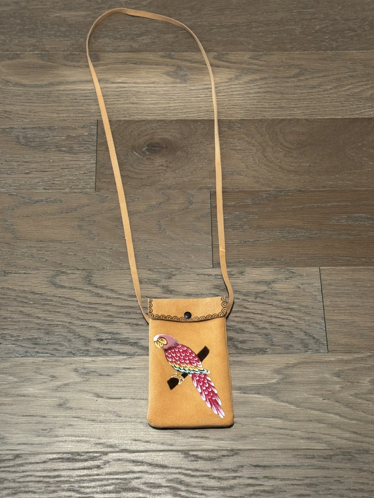 Suede Tan Hand-Painted Parrot Crossbody Phone Bag Made in Mexico