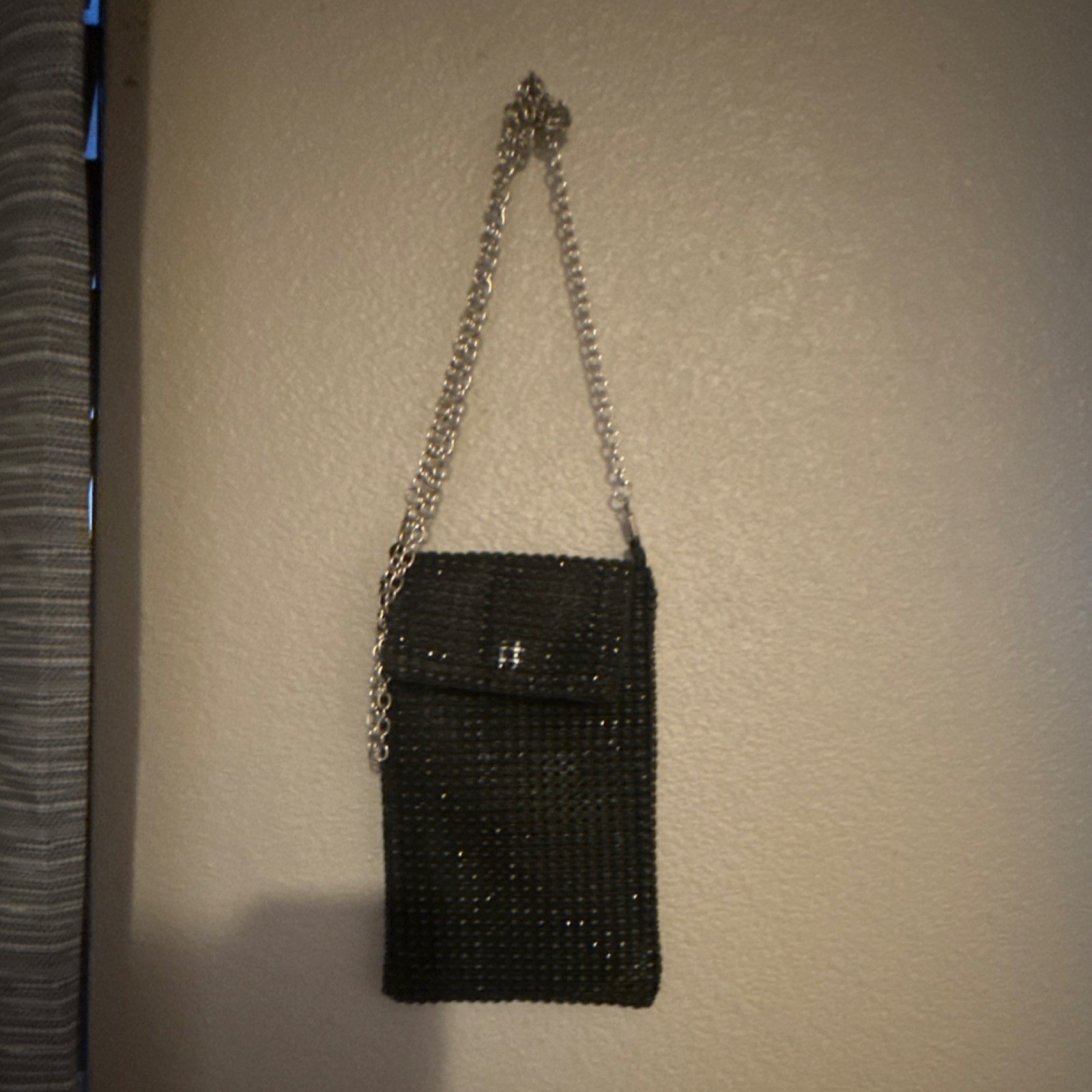 Black Beaded Women’s Shoulder Bag with Silver Chain Strap & Magnetic Closure