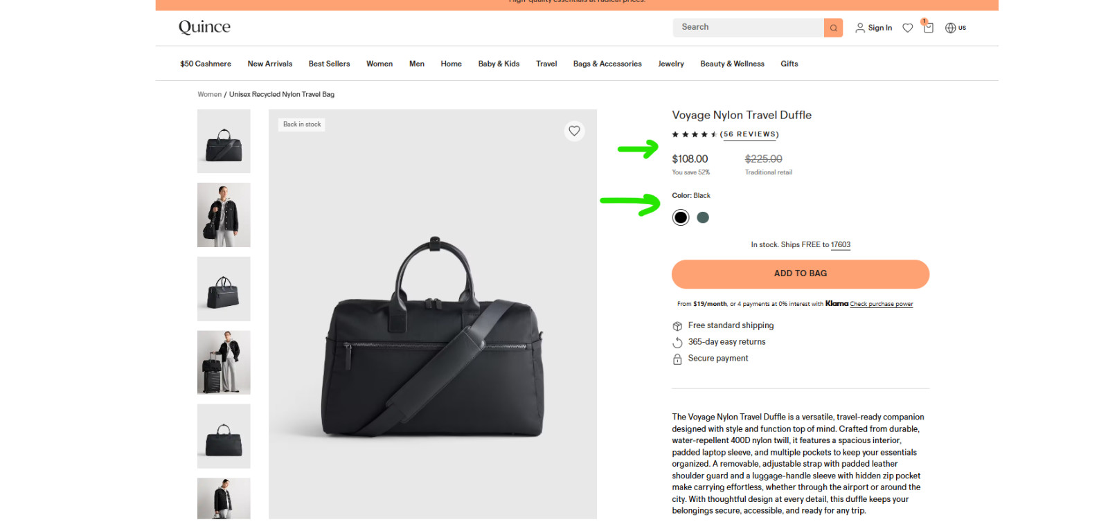 NWT QUINCE VOYAGE NYLON TRAVEL DUFFLE CARRYON CROSSBODY BAG BLACK MSRP $108