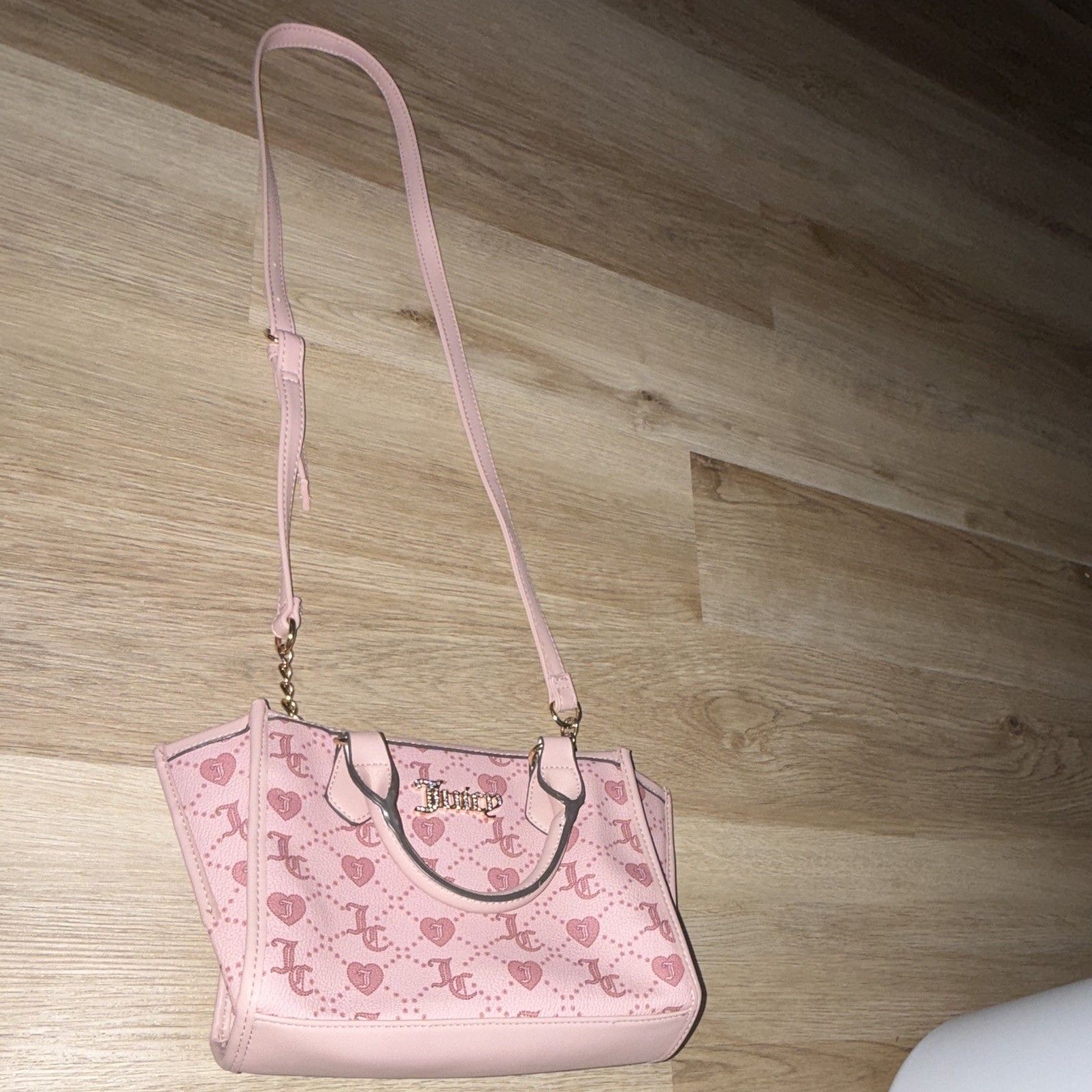 Juicy Couture Pink Logo Heart Print Crossbody Bag Zip Snap Detachable Gold