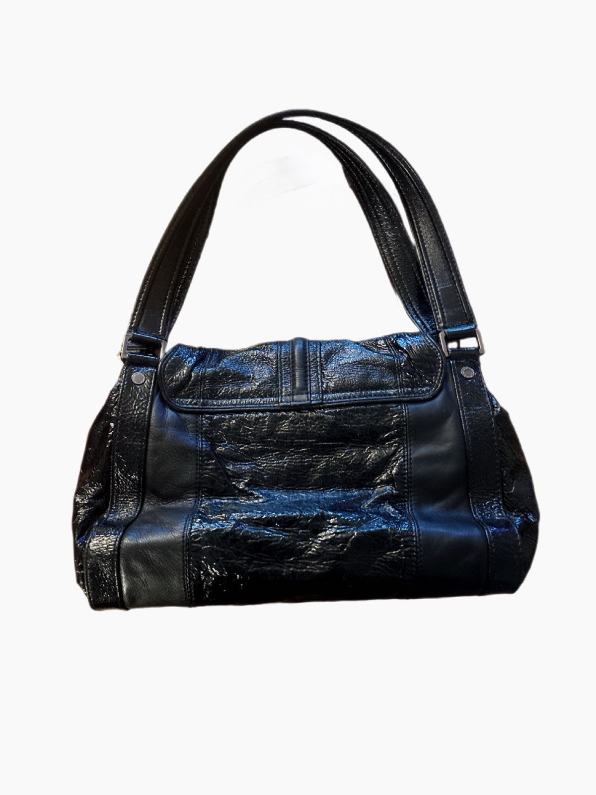 jill stuart black patent shoulder bag with blue satin lining