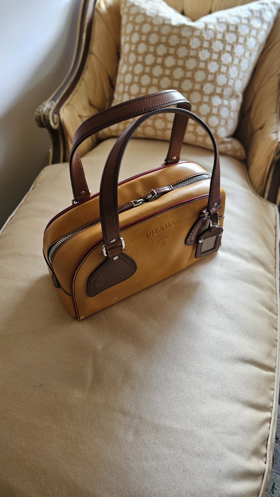 Prada Vitello Bowler Bag-Ocra/Rosso NEW!.