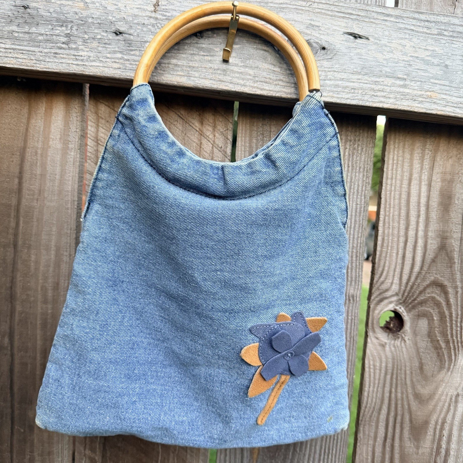 Y2K Denim Blue Wooden Handle Embroidered Floral Handbag Purse