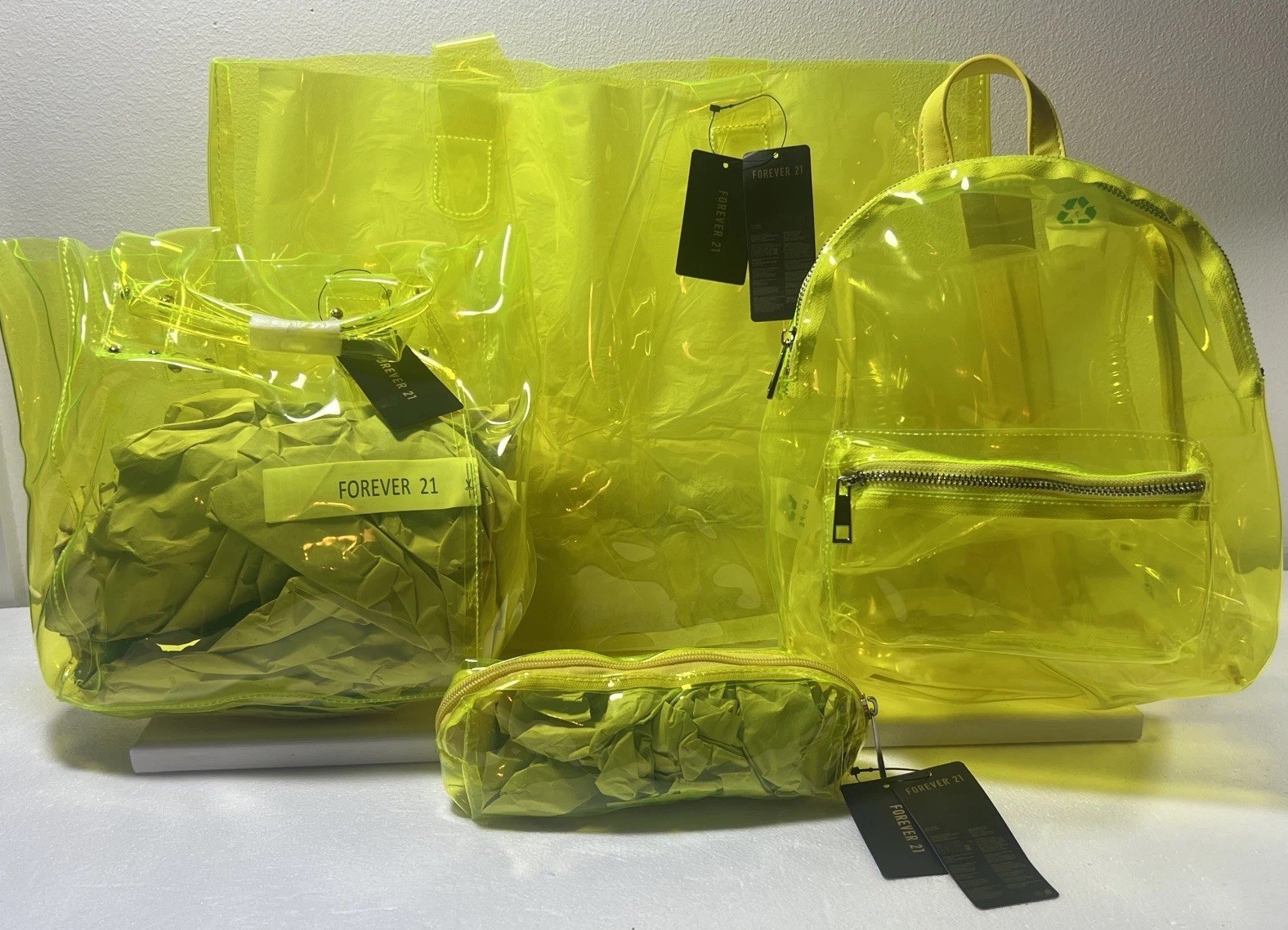 Forever 21 Neon Yellow Clear Backpack Tote Bag Cosmetic Pouch Lot of 4 NWT