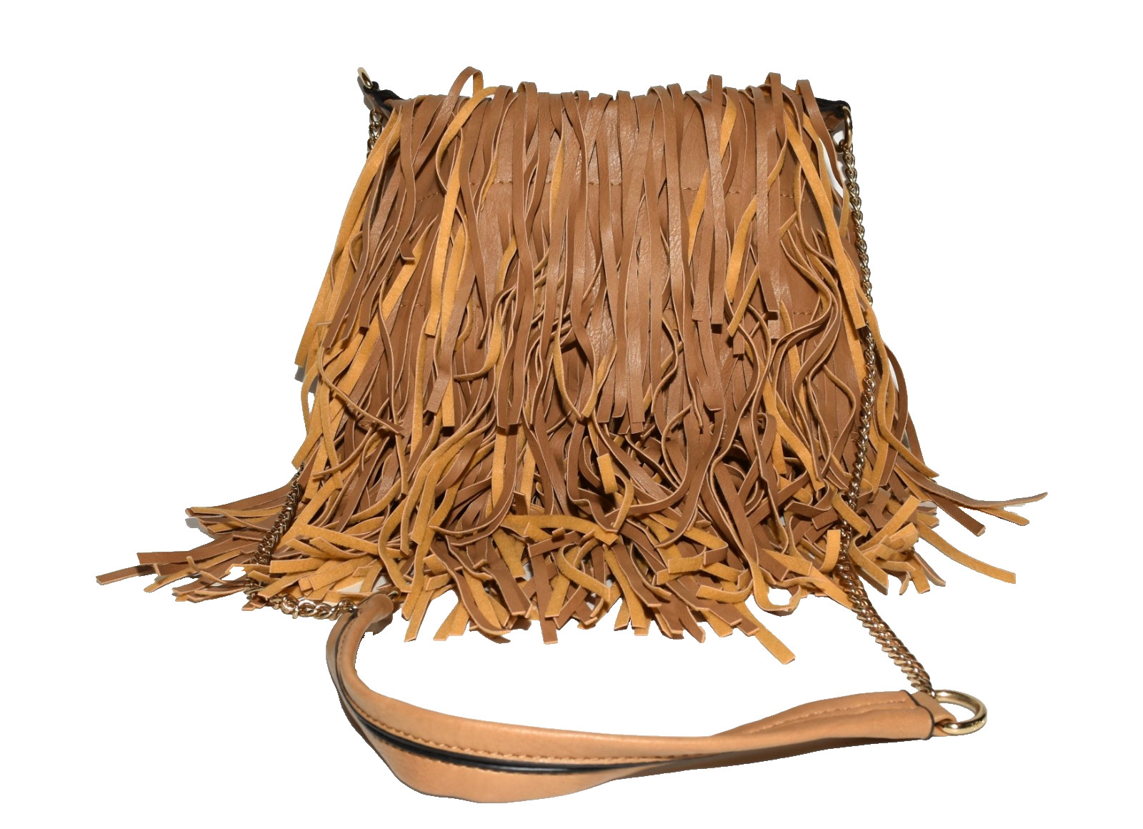 Yoki Caramel Brown Faux Leather Fringed Chain Strap with Pad Crossbody Bag NWOT