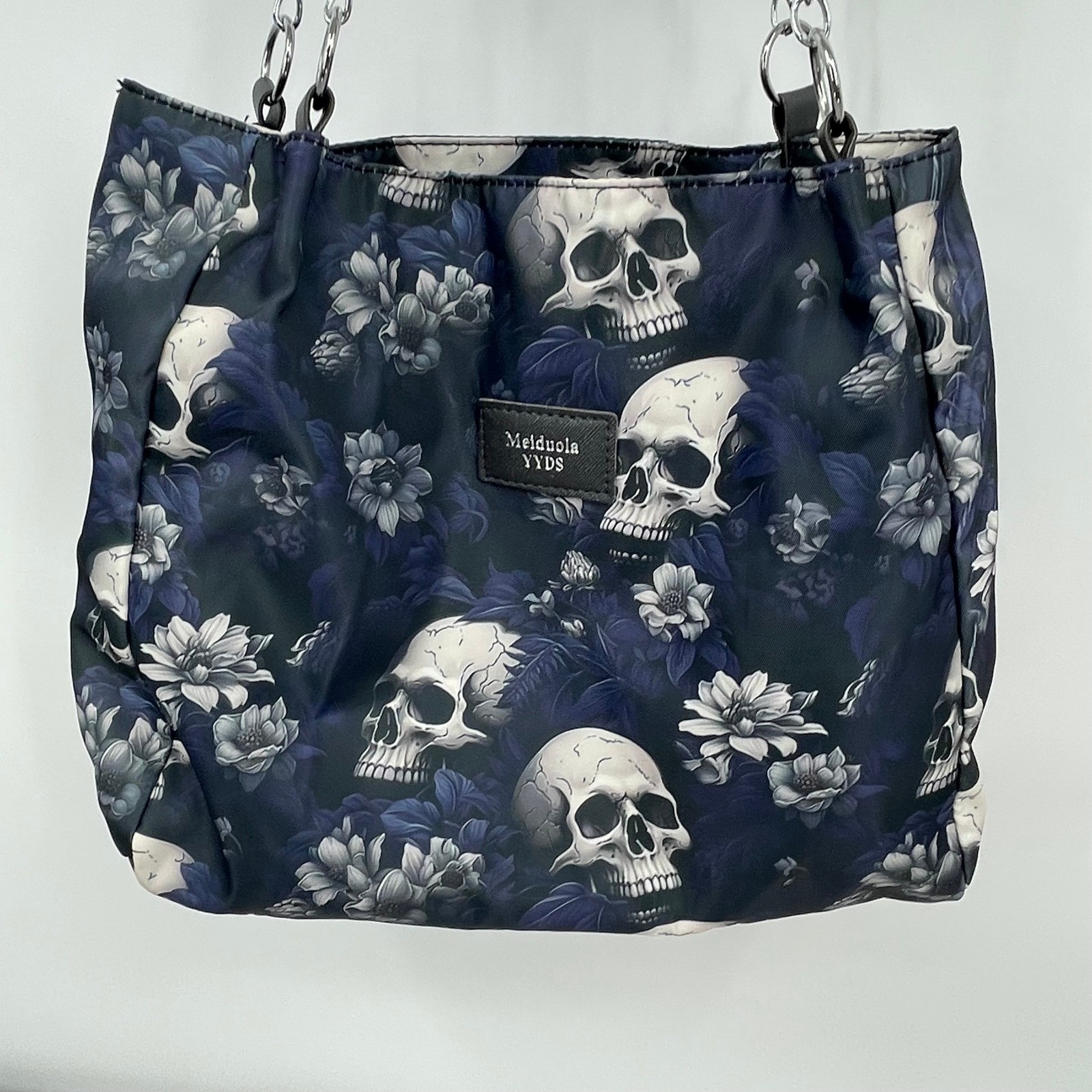 Meiduola YYDS Skull Floral Gothic Nylon Tote Bag Navy Blue Silver Chain Straps
