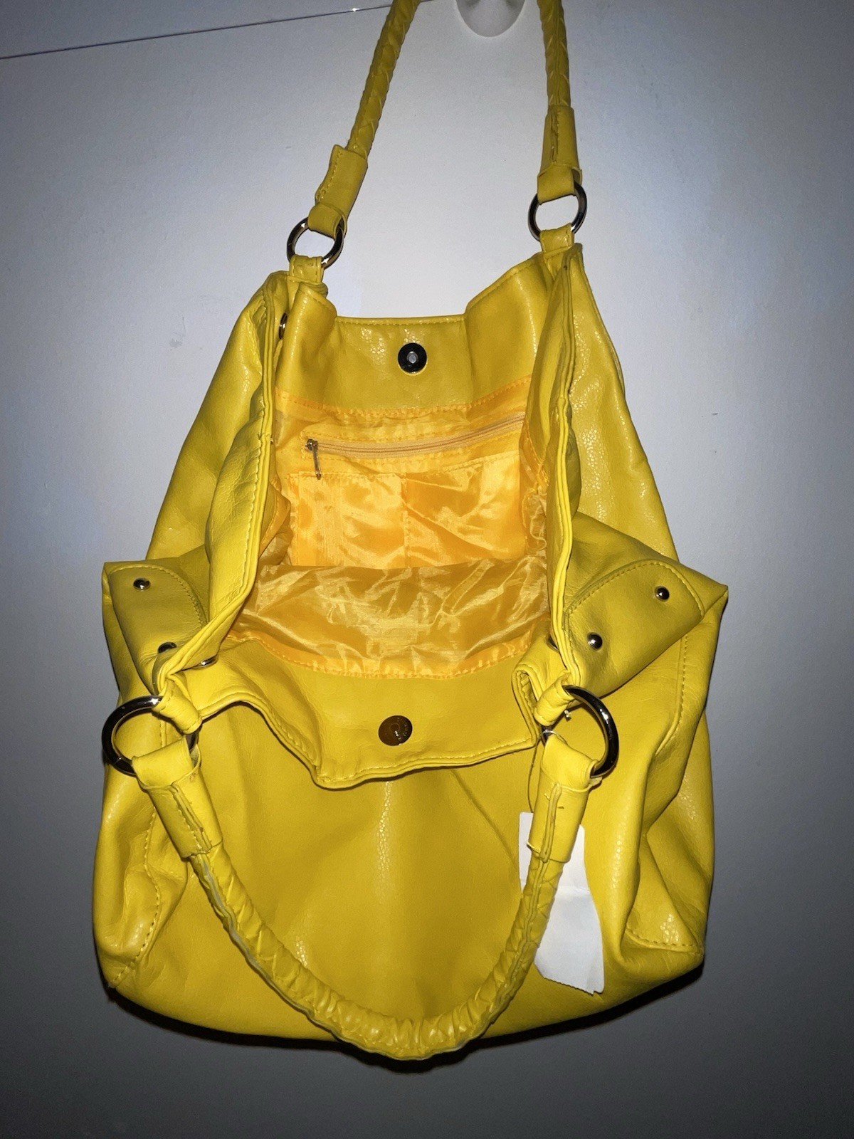 Large Bright Yellow Handbag, No Label, Inside Zipper, Magnetic Closure, Faux Lea