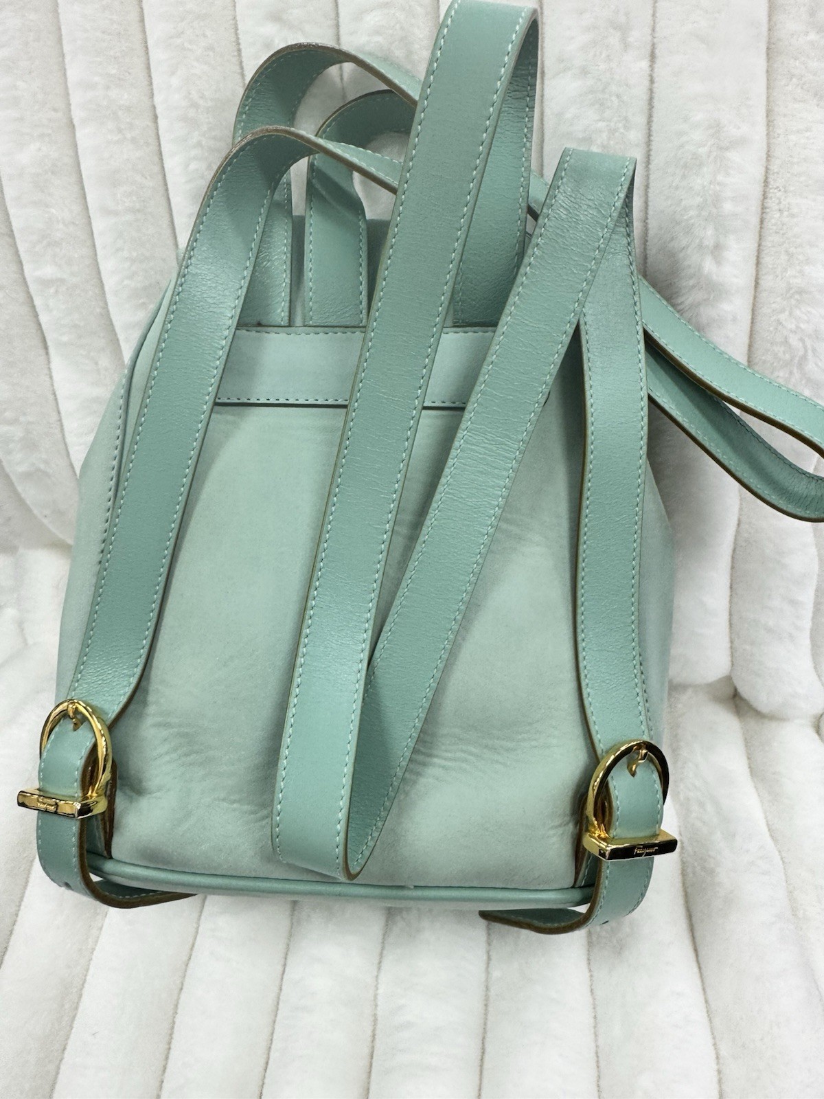 Salvatore Ferragamo Gancini Green Drawstring Backpack Pouch Gold Hardware Women