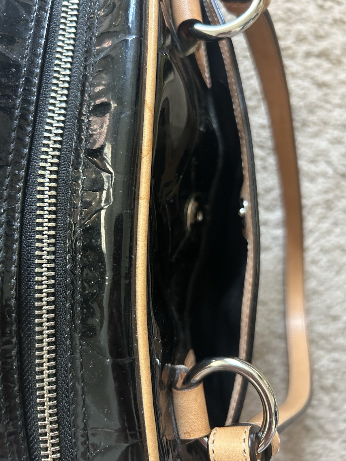 Patent Leather Coach “Peyton” F20065 Purse Black w/Tan Leather Accents