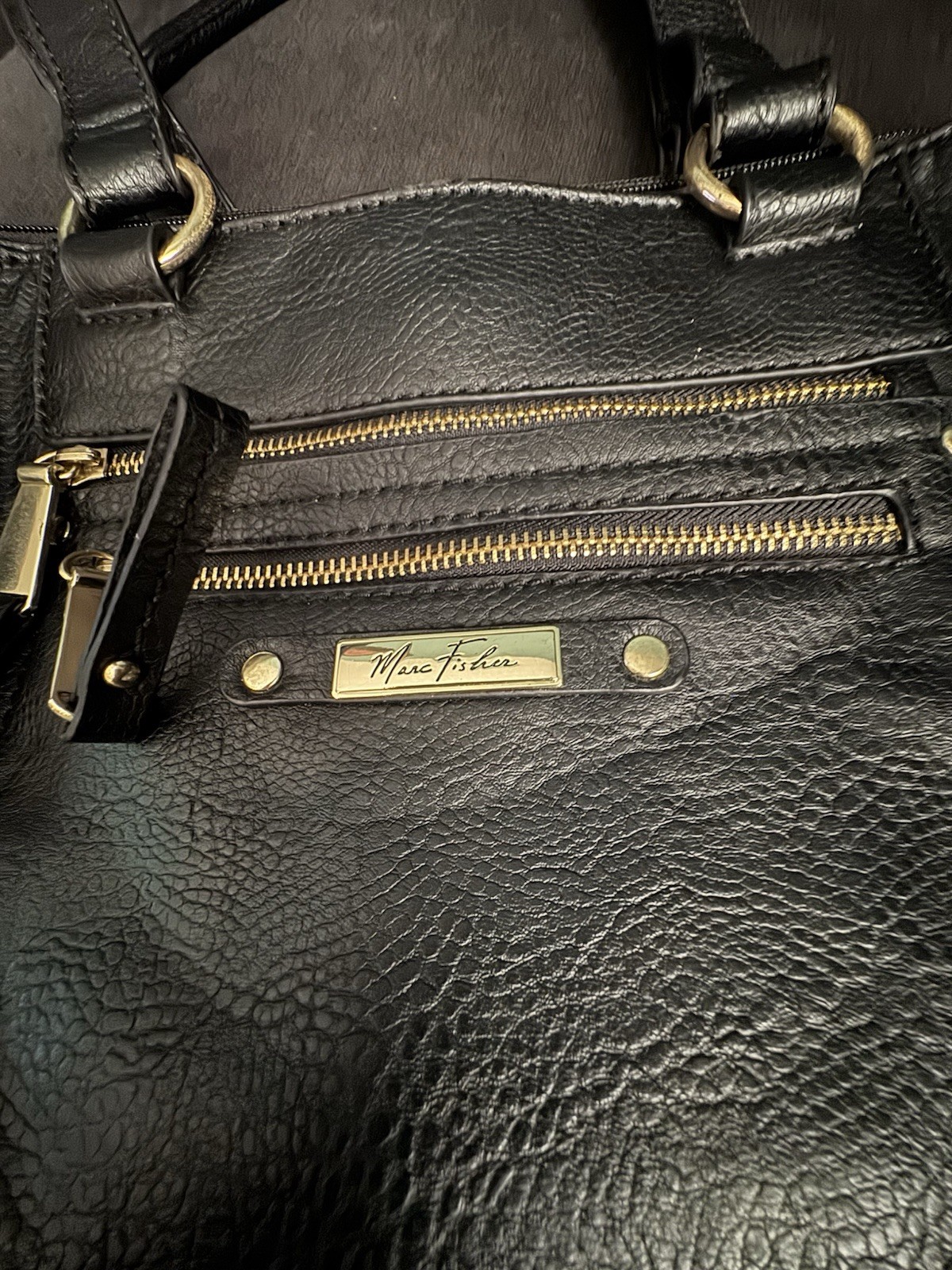 Marc Fisher Black Solid Satchel, Zip/Magnetic, Detachable Strap, Gold