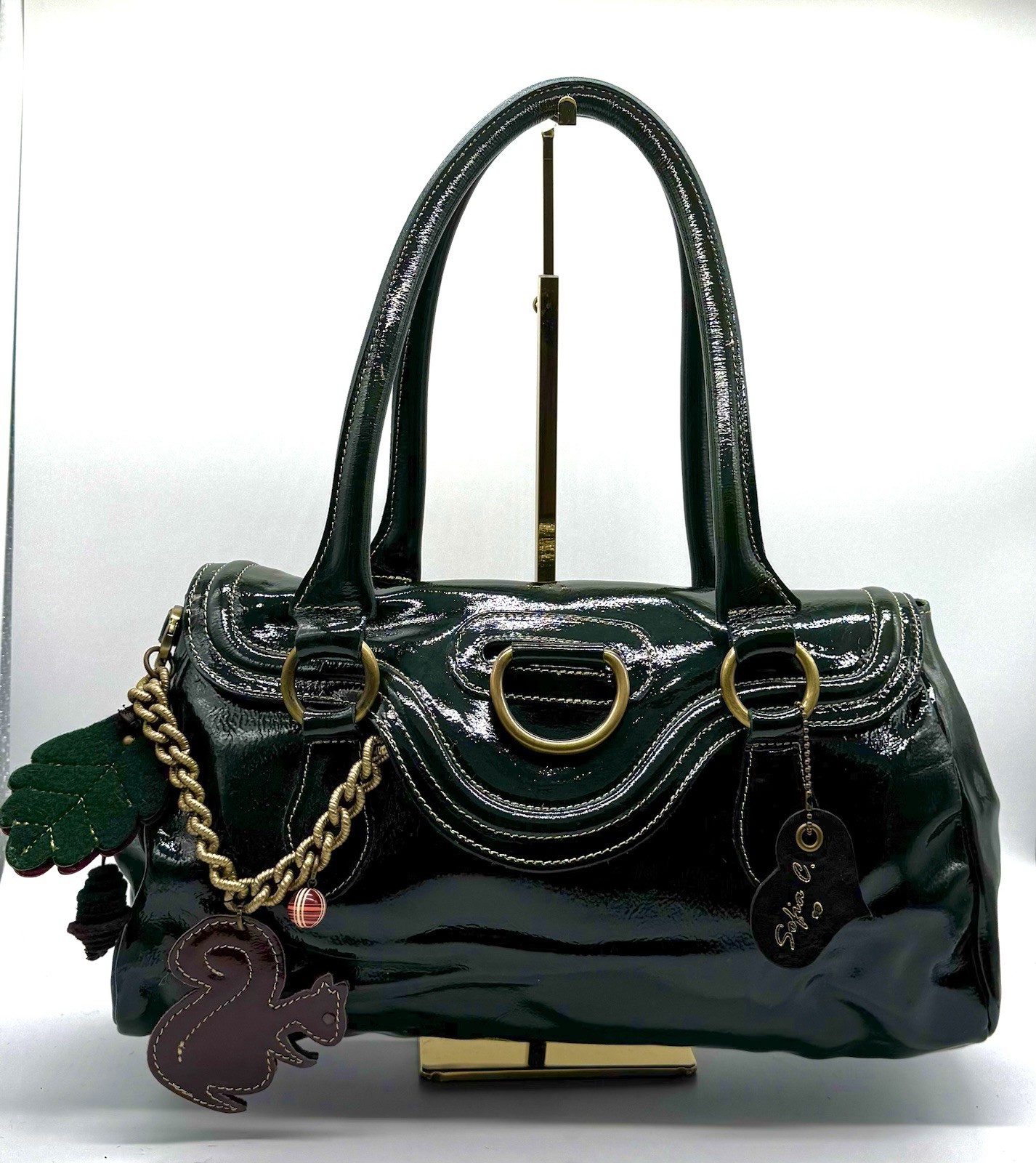 Sofia Italy Green Patent Leather Satchel Shoulder Bag Chain Chain Squirrel Leaf