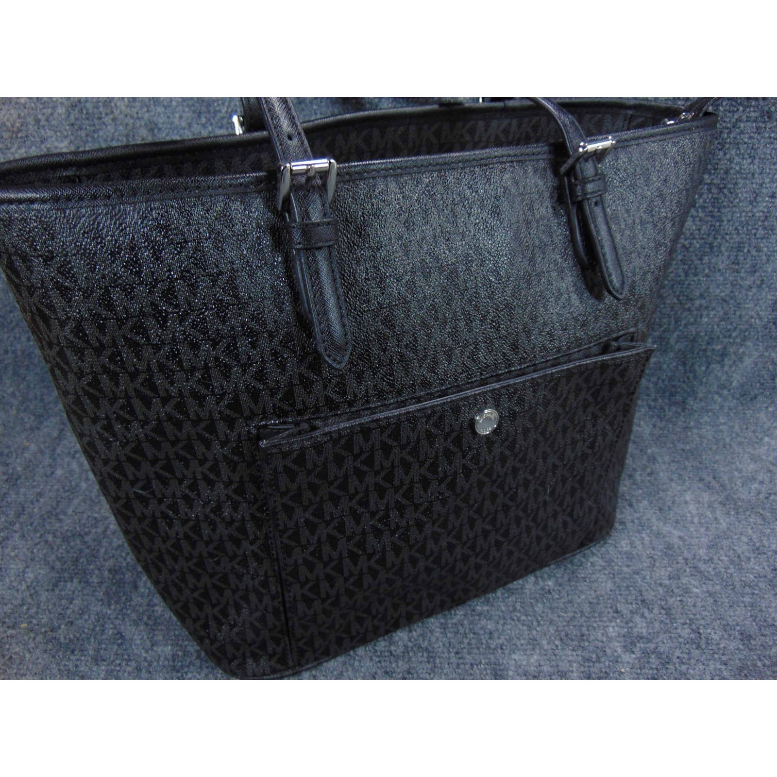 Michael Kors Tote Bag Black Monogram Signature Jet Set Shoulder Purse Large