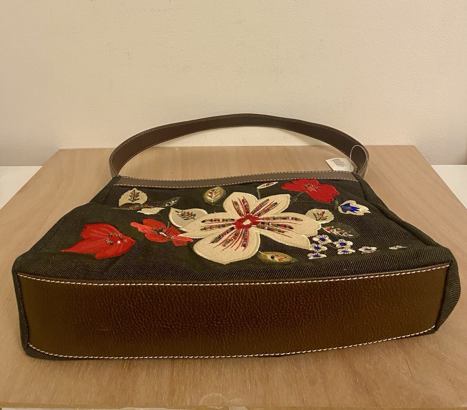 Preston & York Beaded Floral Purse Handbag Black With Brown Trim New With Tags