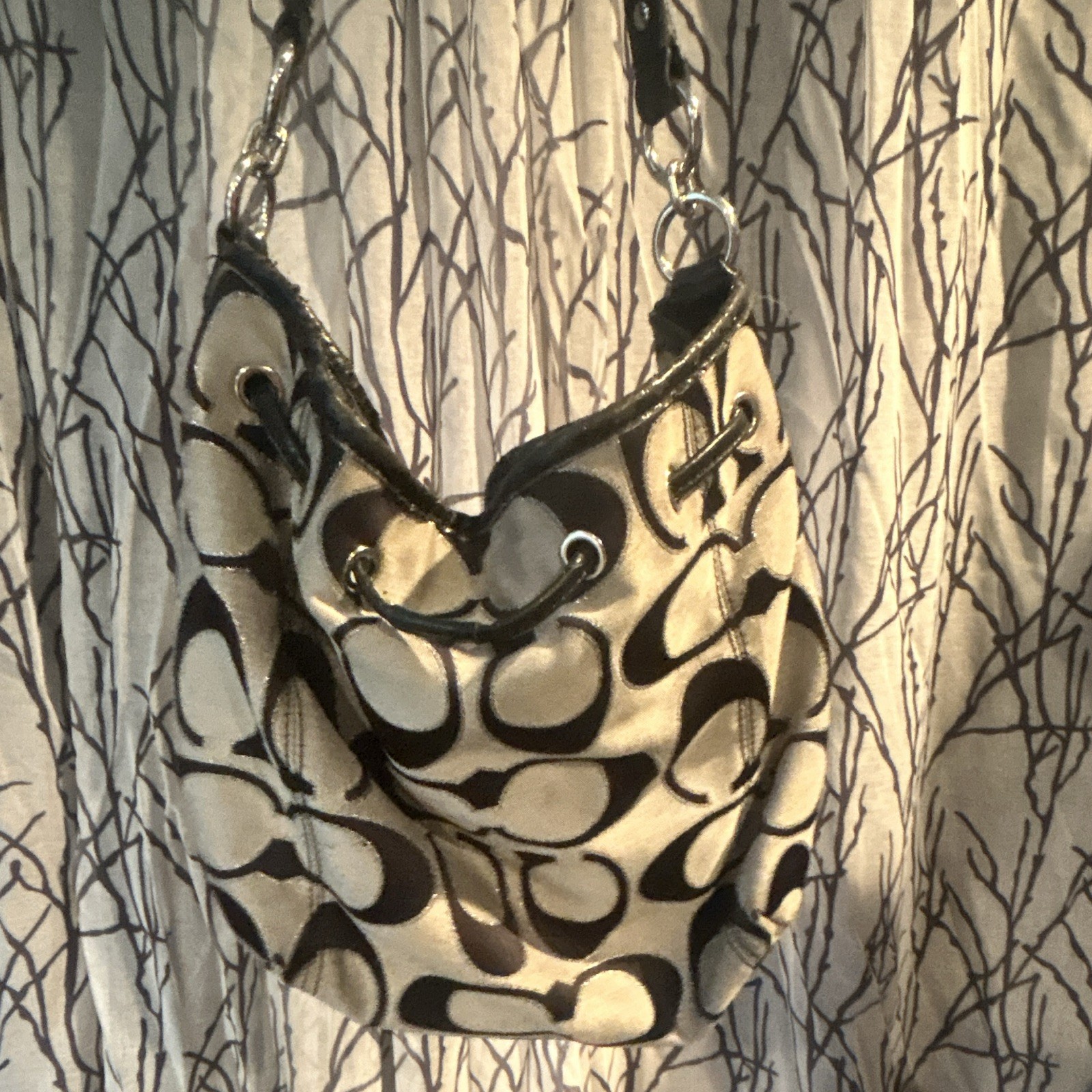 Coach Signature Gray Black Crescent Shoulder Bag Drawstring Zip Detachable Strap