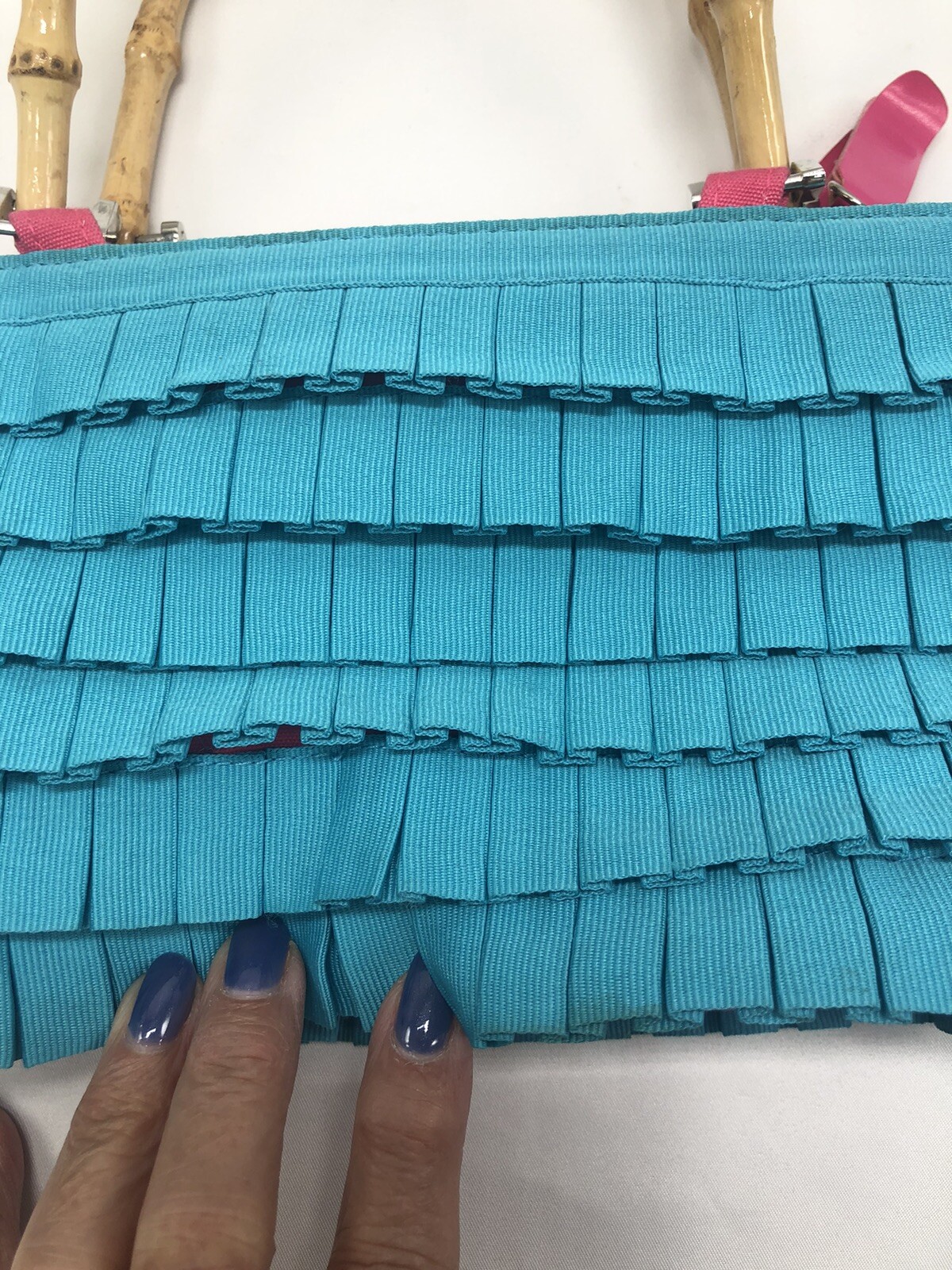 Braciano Aqua Blue Ruffled Tiered Handbag, Pink Accents, Bamboo Handles Preppy