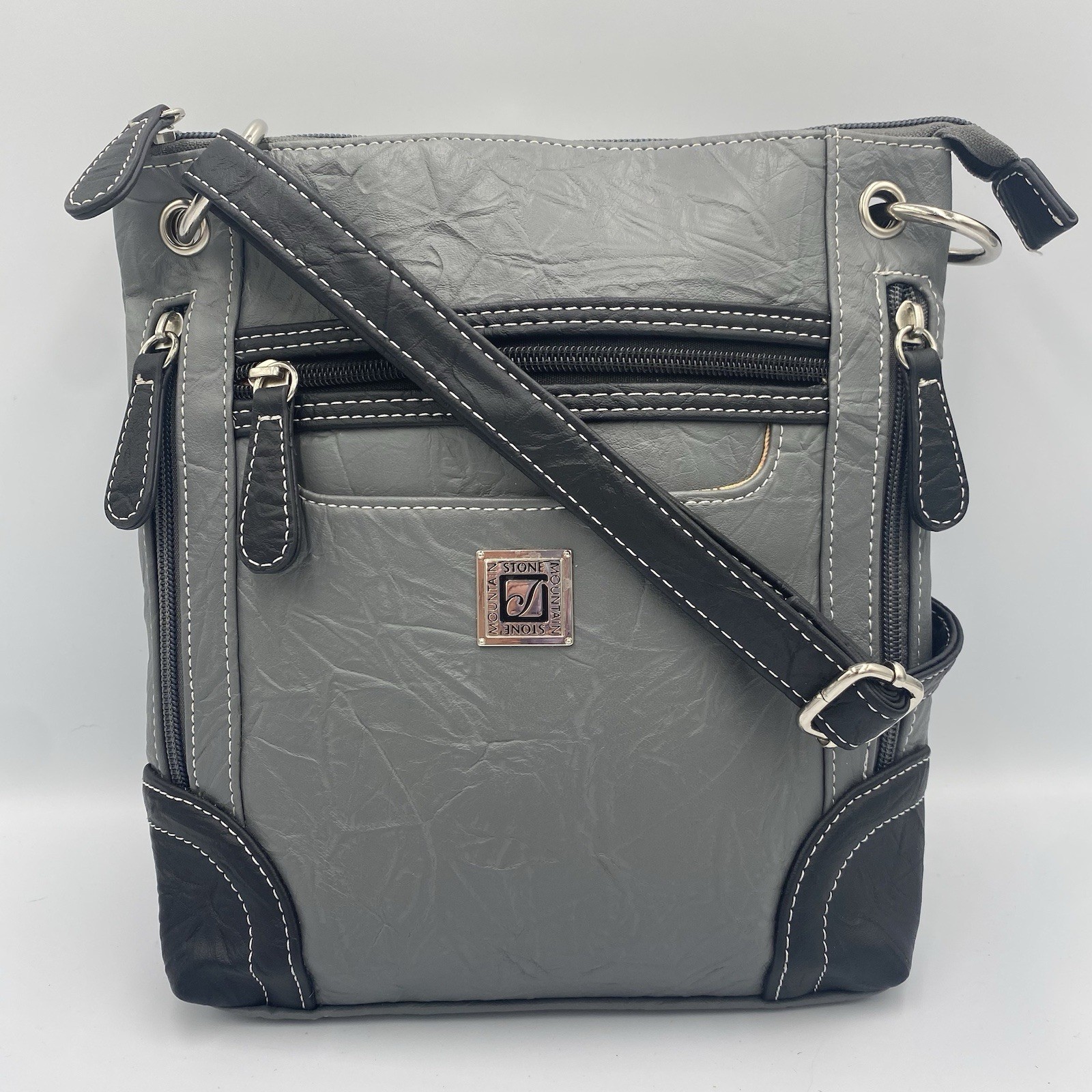 Stone Mountain Crossbody Bag Adjustable Strap Multi Zipper Pockets Grey Black