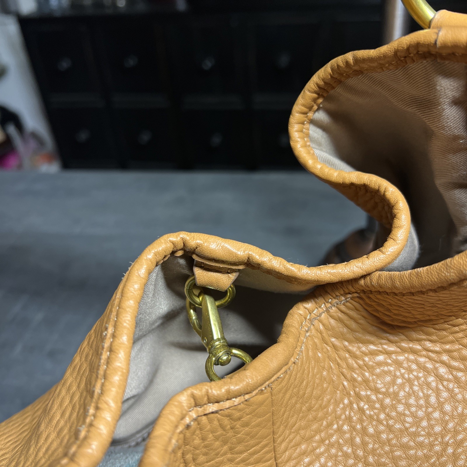 J.Crew Cognac Pebbled Leather Hobo Tote Bag Faux Horn Resin Handle Slouchy Boho