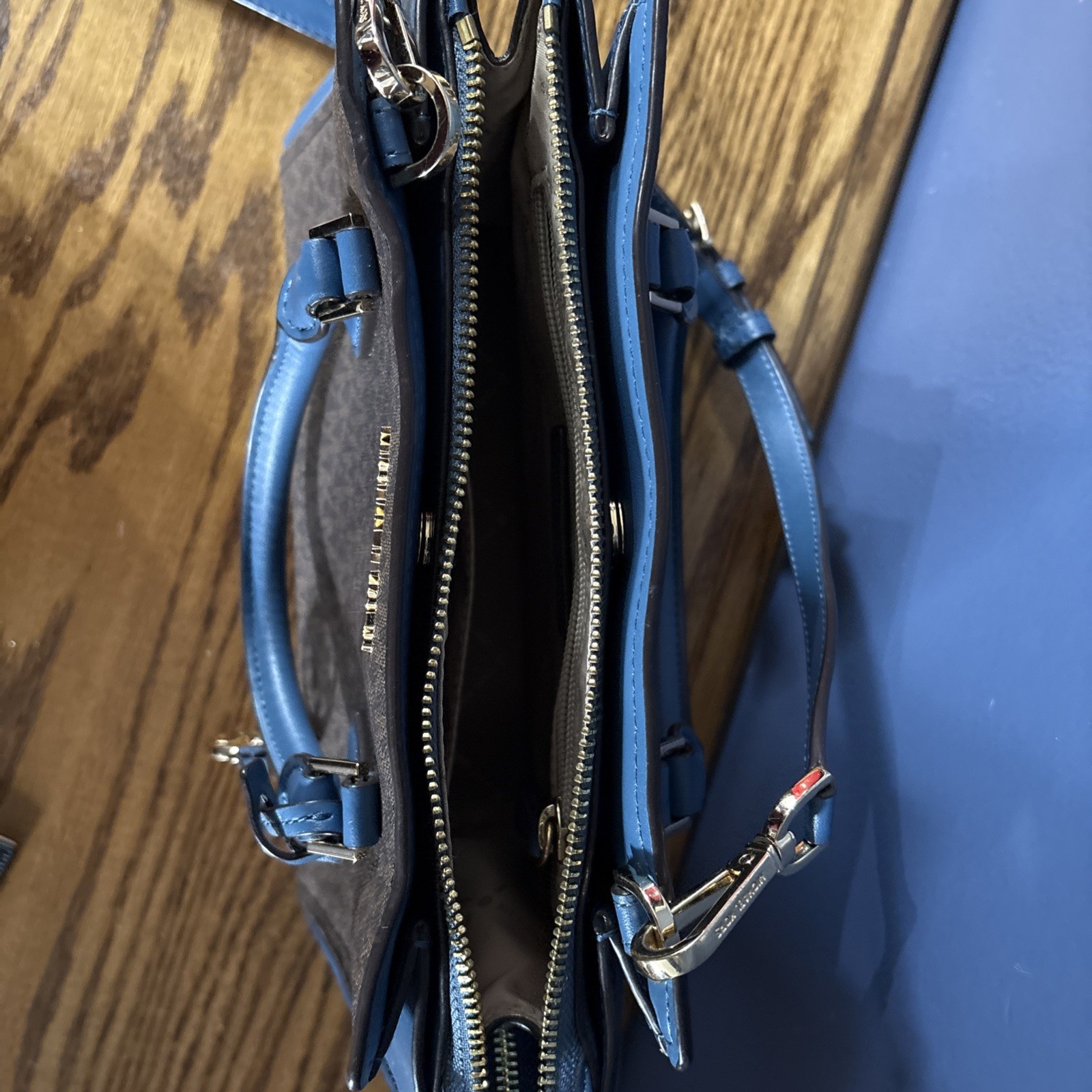 Michael Kors Brown Signature Satchel with Blue Trim