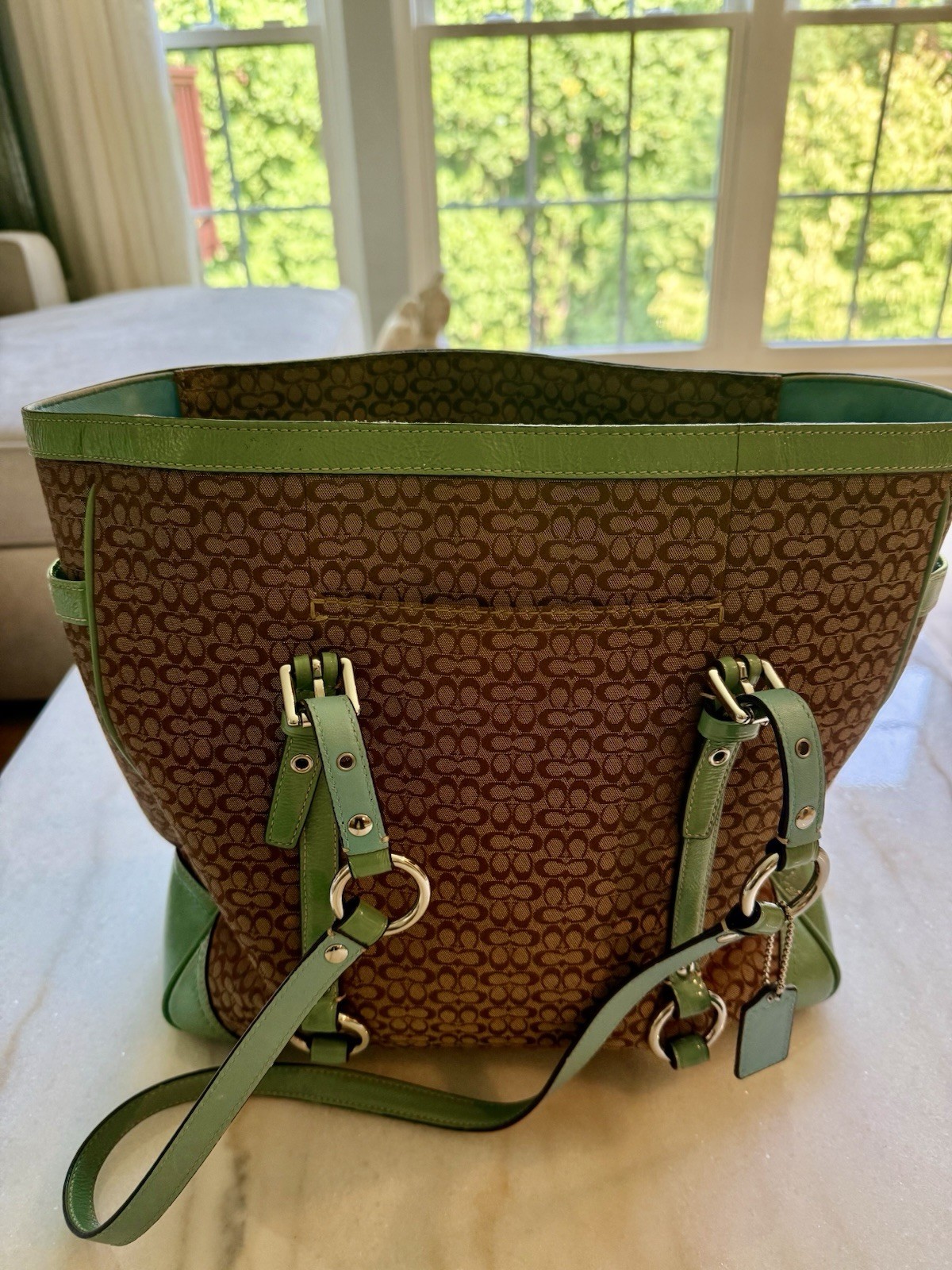COACH Signature Tote Bag Brown/Green Turn Lock, Silver Hardware Detachable Strap