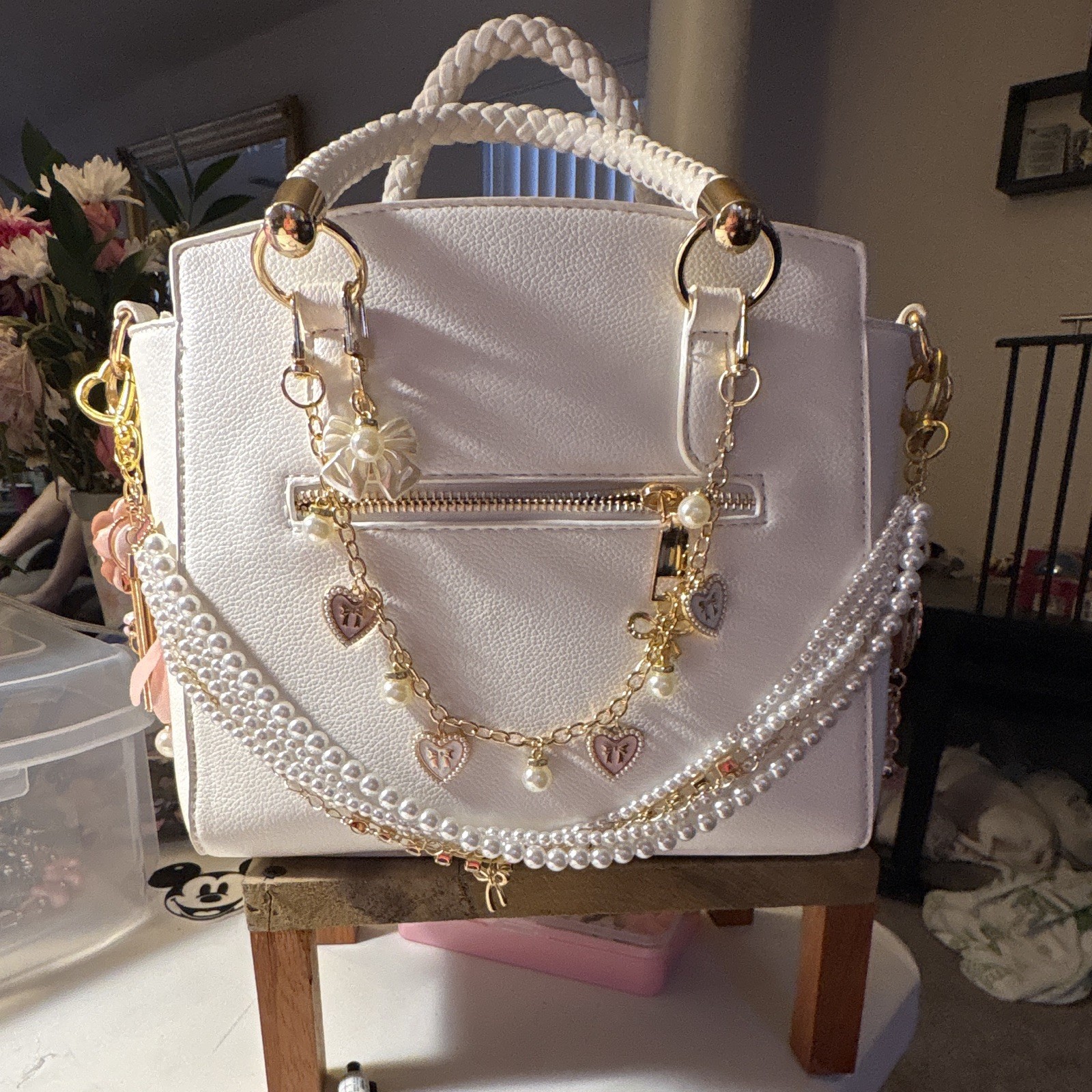White Pebbled Satchel Top Handle Zip, Gold Hardware Pearl Chain Charm Strap, Med