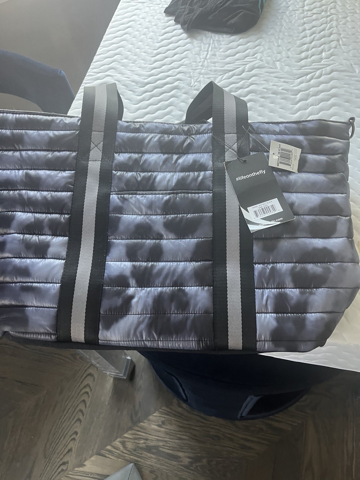 THINK ROYLN Quilted Tie-Dye Tote Bag Gray/Black Zip Top Double Handles