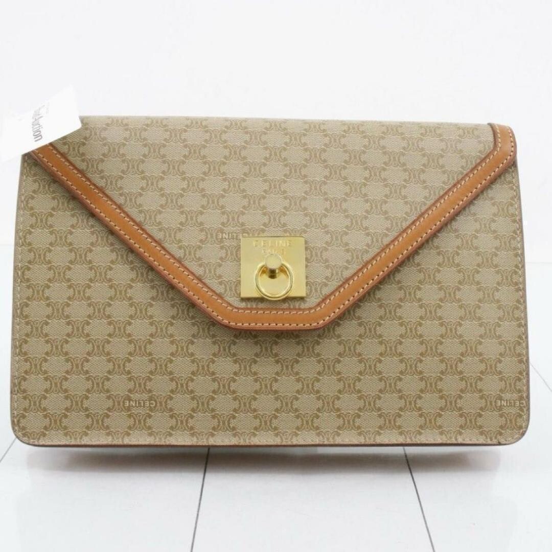 CELINE Macadam Triomphe Logo Clutch Bag Beige Canvas Vintage Unisex 26cm