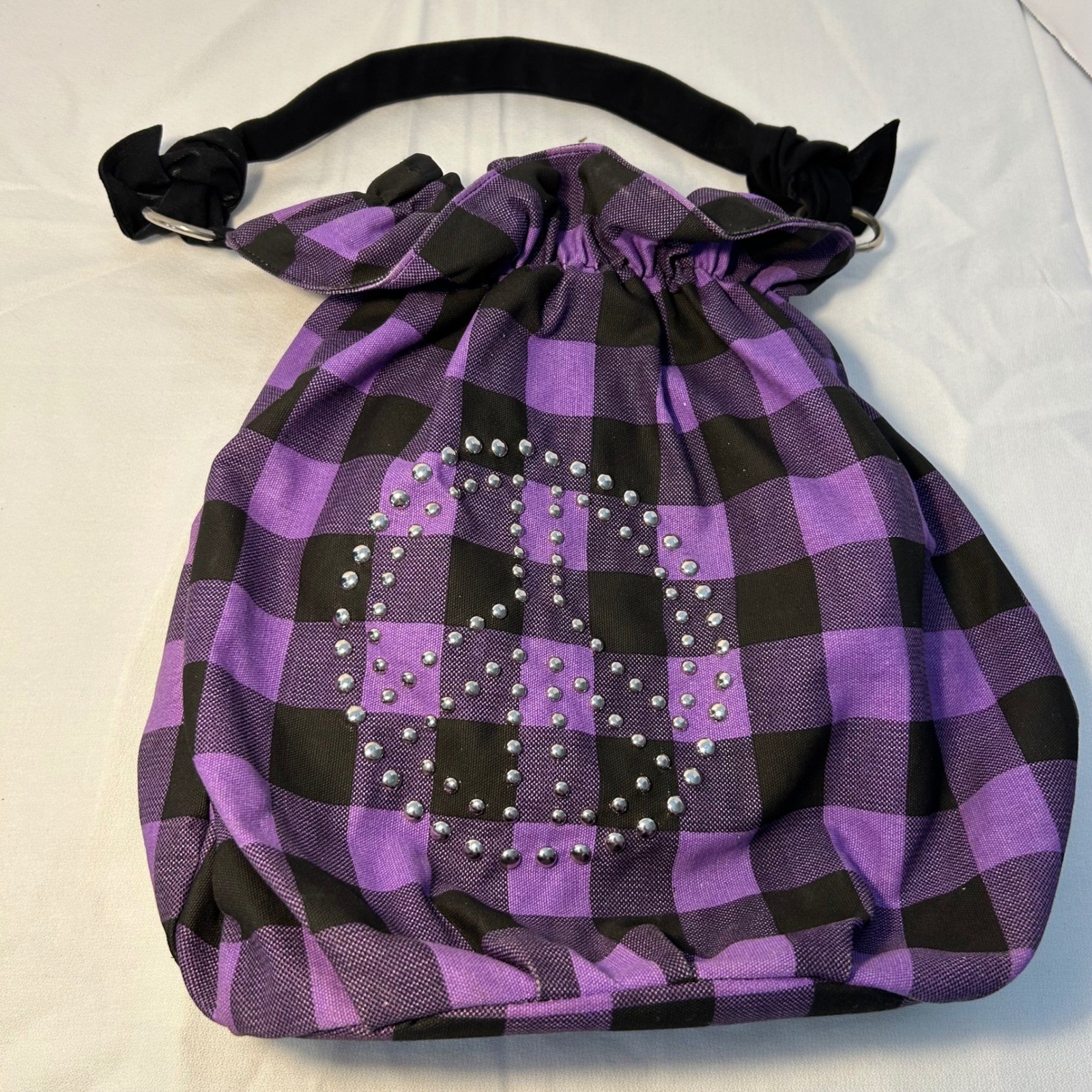 Purple Black Buffalo Plaid Peace Sign Embellished Drawstring Bag Purse