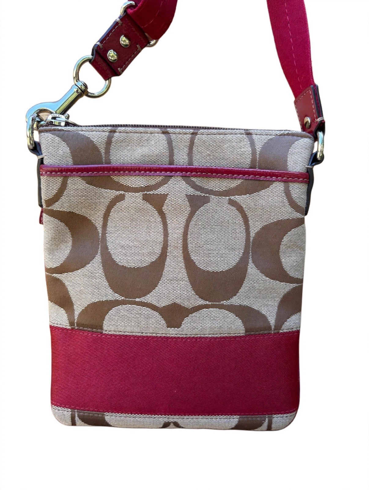Coach Signature Stripe Swingpack Crossbody Khaki Cherry Red Canvas File Bag