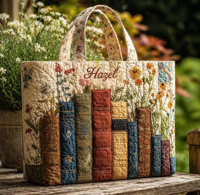 Personalized Vintage Book Quilted Tote Bag, Floral Library Shoulder Bag, Custom