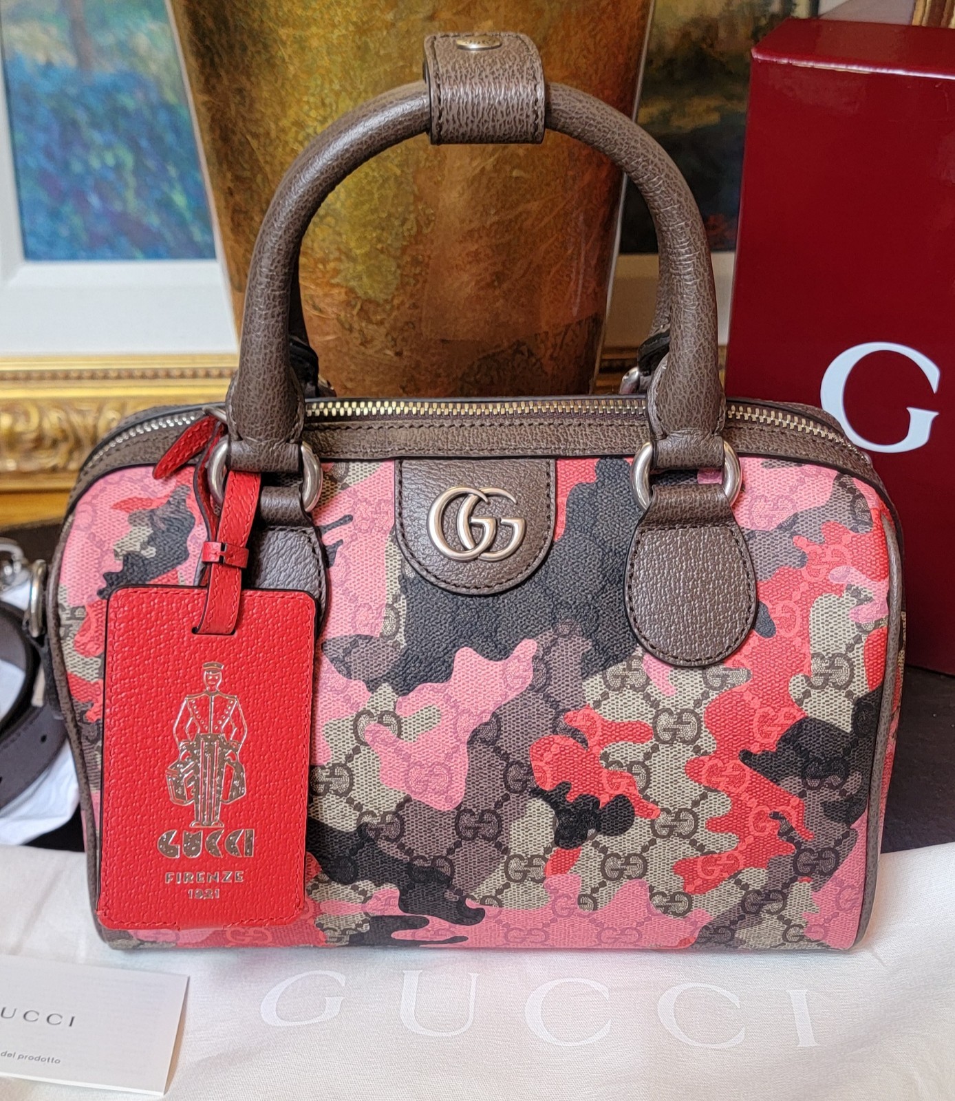 NWT GUCCI Camo Boston Bag Pink Beige GG Monogram Canvas Leather Small Crossbody