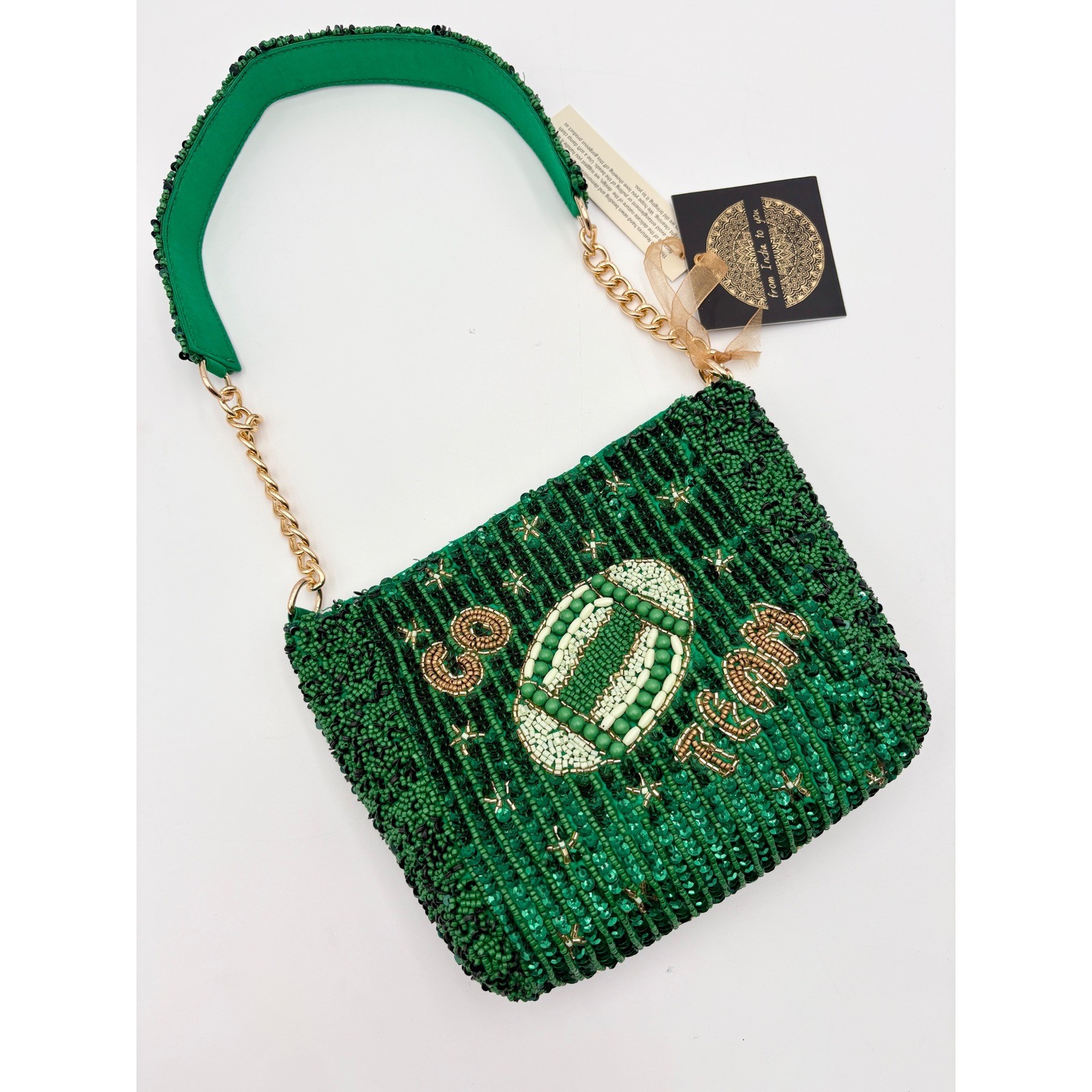 Emerald Green Beaded Football Go Team Purse Shoulder Bag Clutch