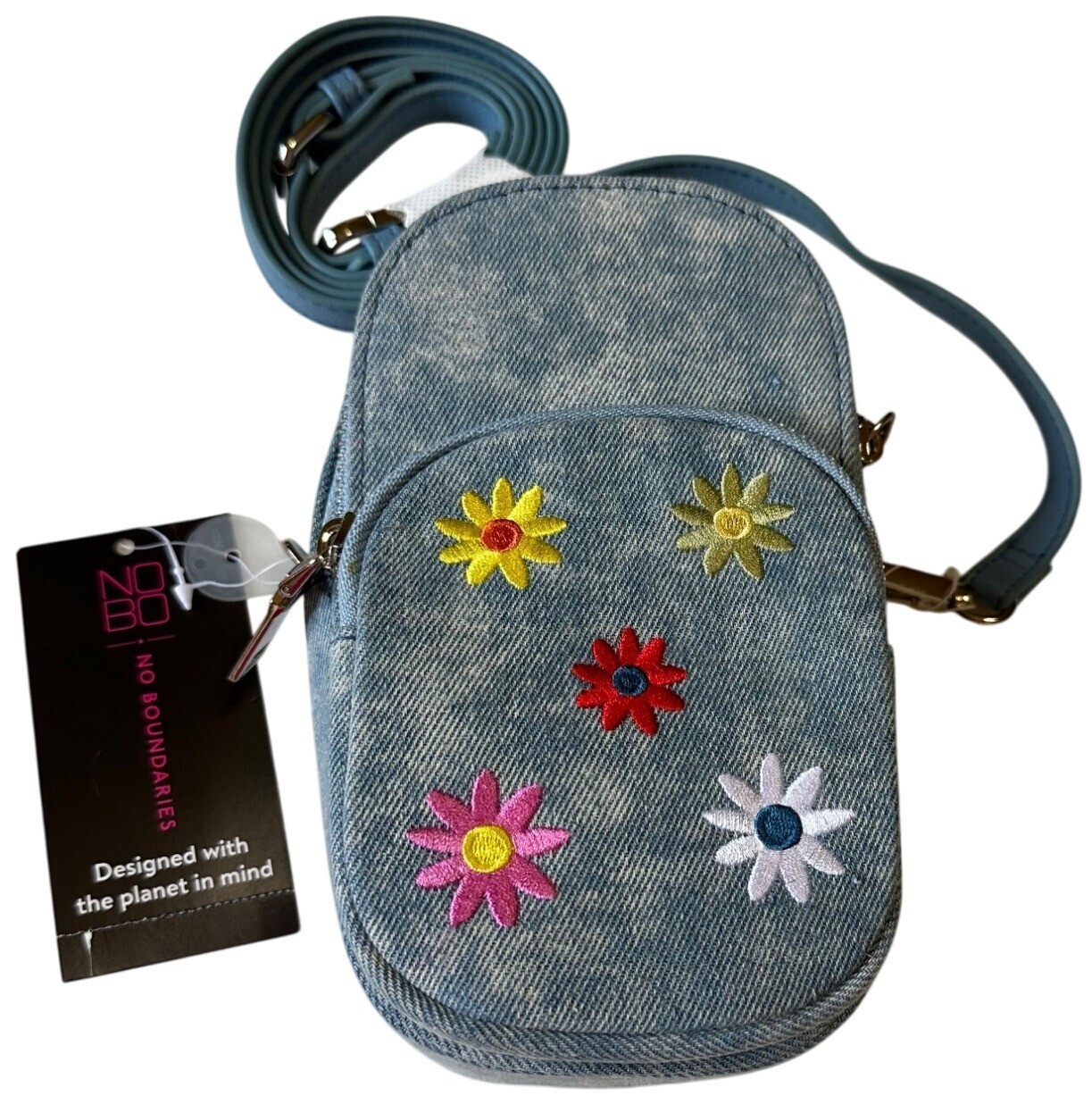 No Boundaries Rounded Phone Crossbody Blue Wash Floral 100% Polyester-NWT