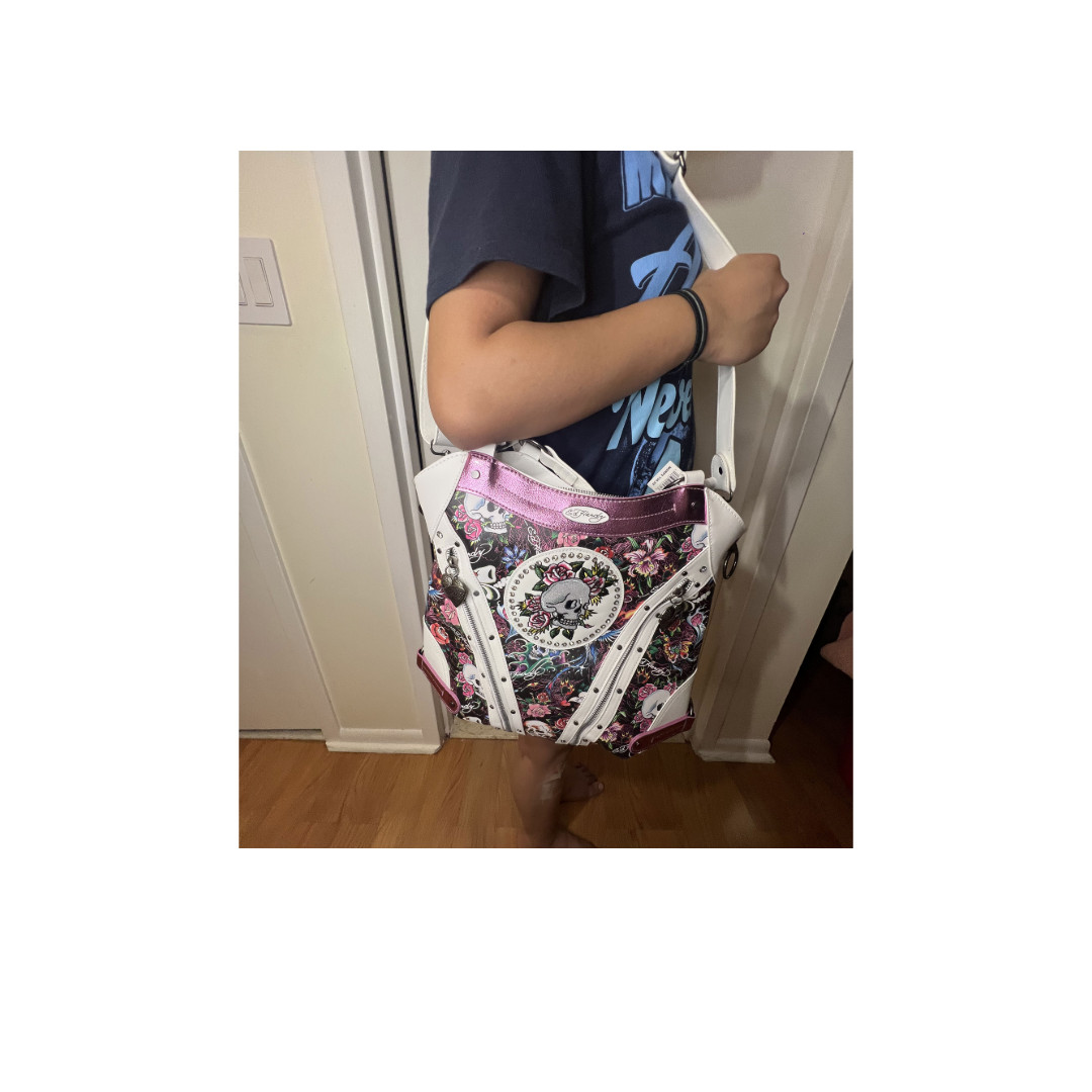 NWT Ed Hardy Skull Roses Rhinestone Studded Crossbody Hobo Bag Tattoo Print Y2K