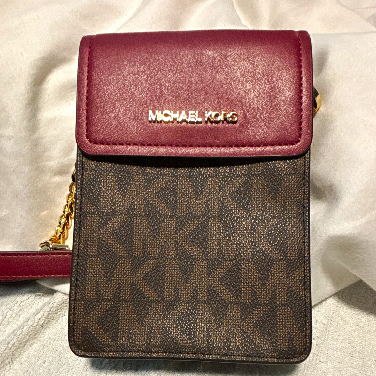 Michael Kors MK Logo Brown/Burgundy Flap Crossbody Phone Bag Gold Chain