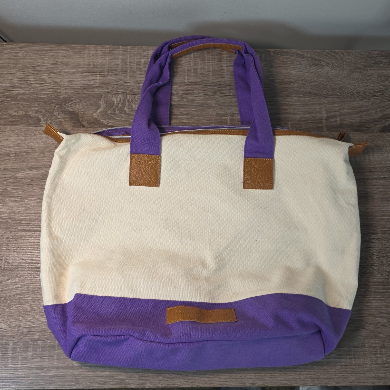 Tommy Bahama Canvas Tote Bag Purple Cream Colorblock Large Beach Travel Zip Top