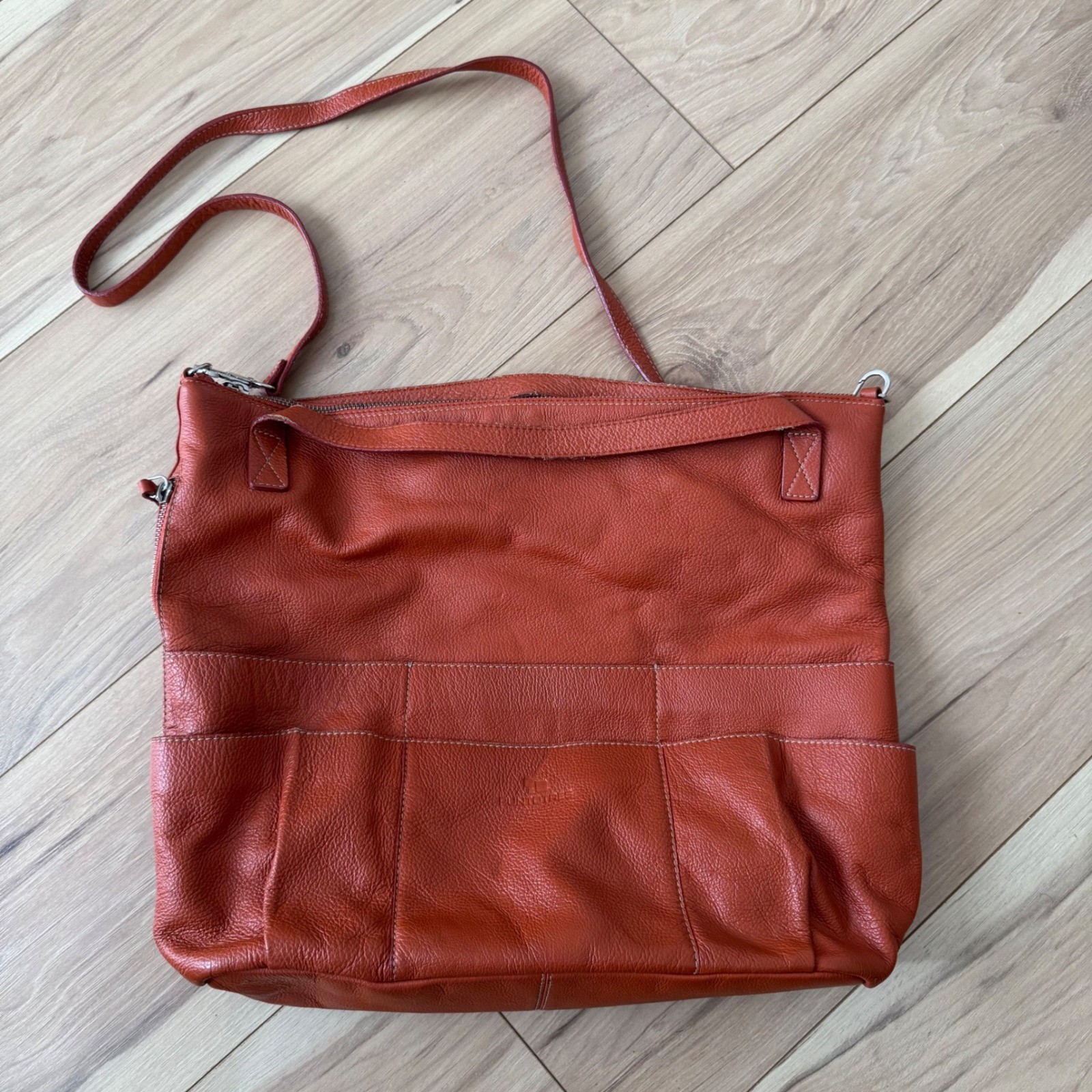 Puntotres Orange Pebbled Leather Crossbody Bag Made in Spain Multi Pocket Large