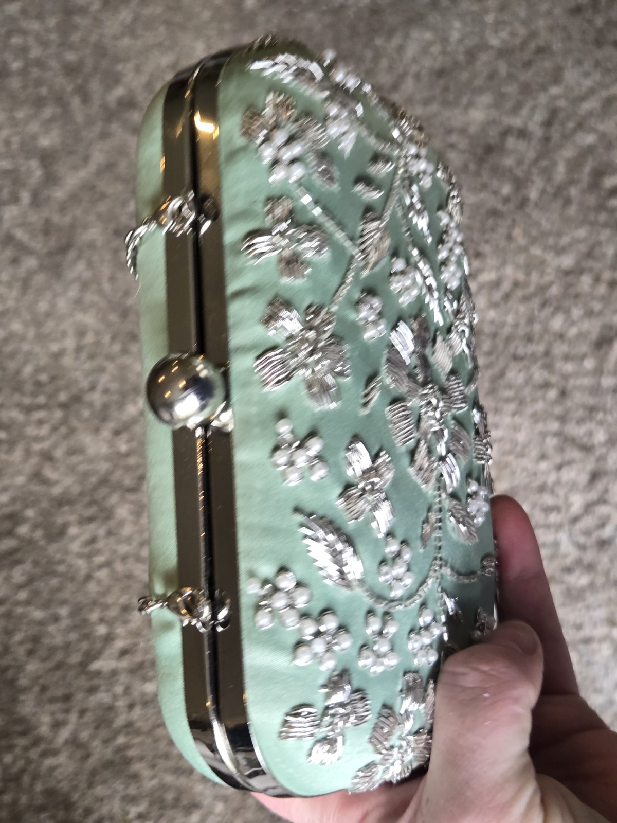 Badgley Mischka Mint Green Beaded Minaudiere Crossbody/clutch Silver Metallic