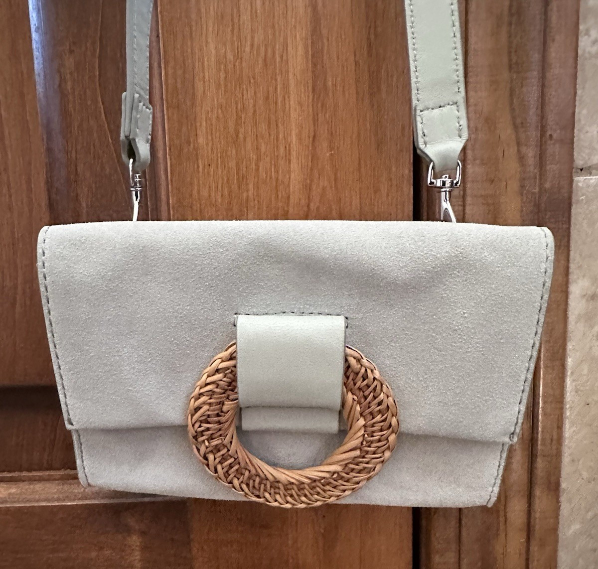 Vince Camuto Marah Suede Leather Crossbody Clutch Bag Rattan Detail Cool Mint