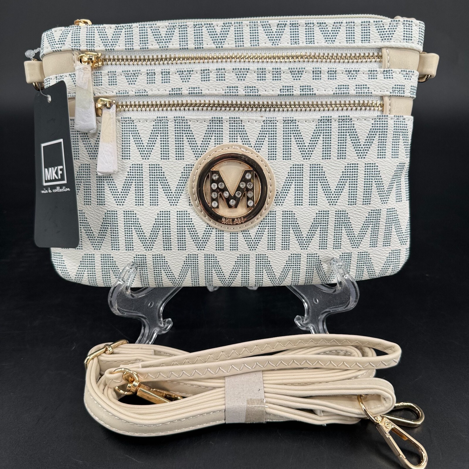 MKF Collection by Mia K Crossbody Purse WOMENS Kissaten Milan White Logo Zip NEW