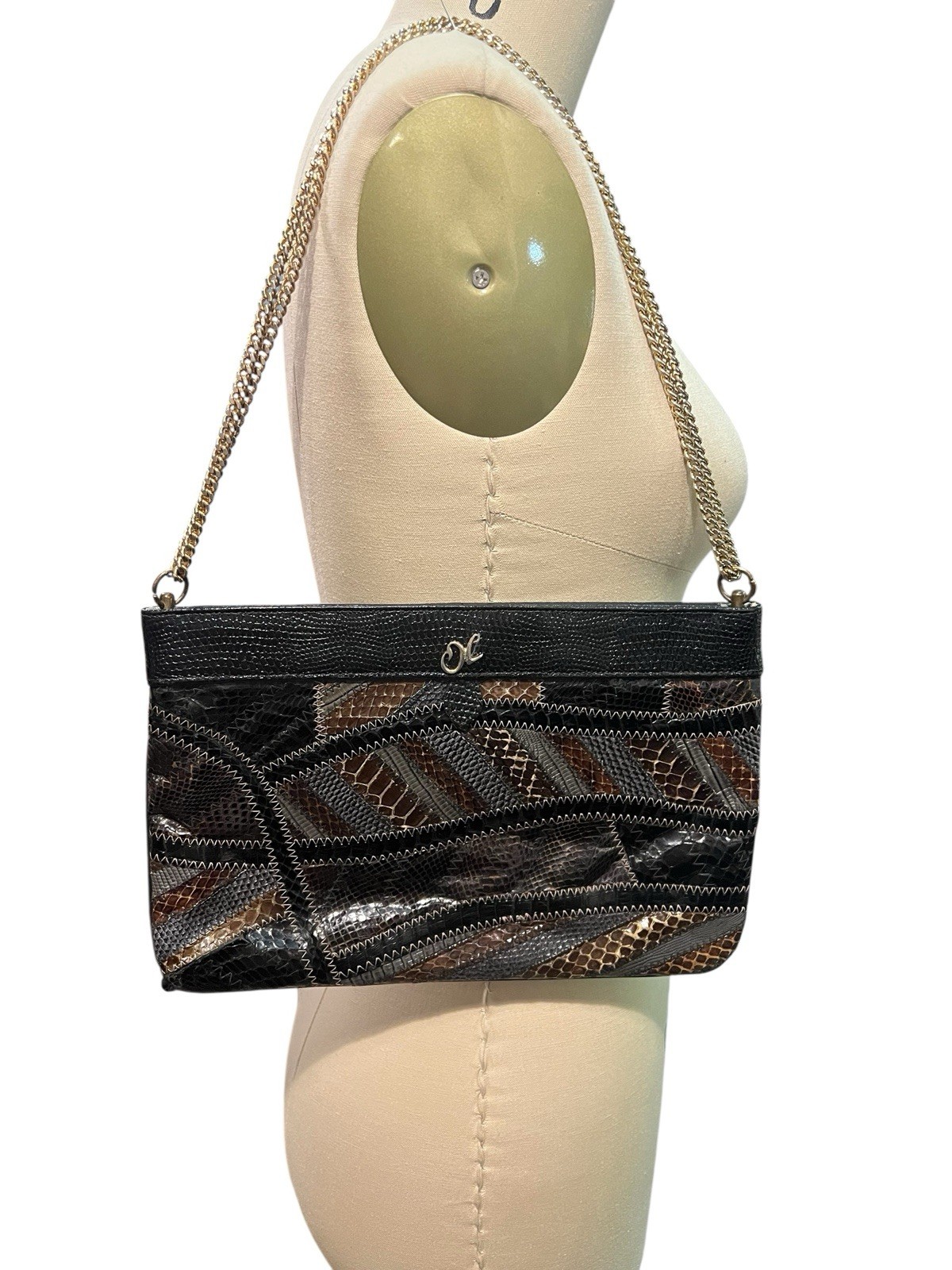 Vtg 80’s Oleg Cassini Stitched Patchwork Leather Snake Bag Small Purse Chain