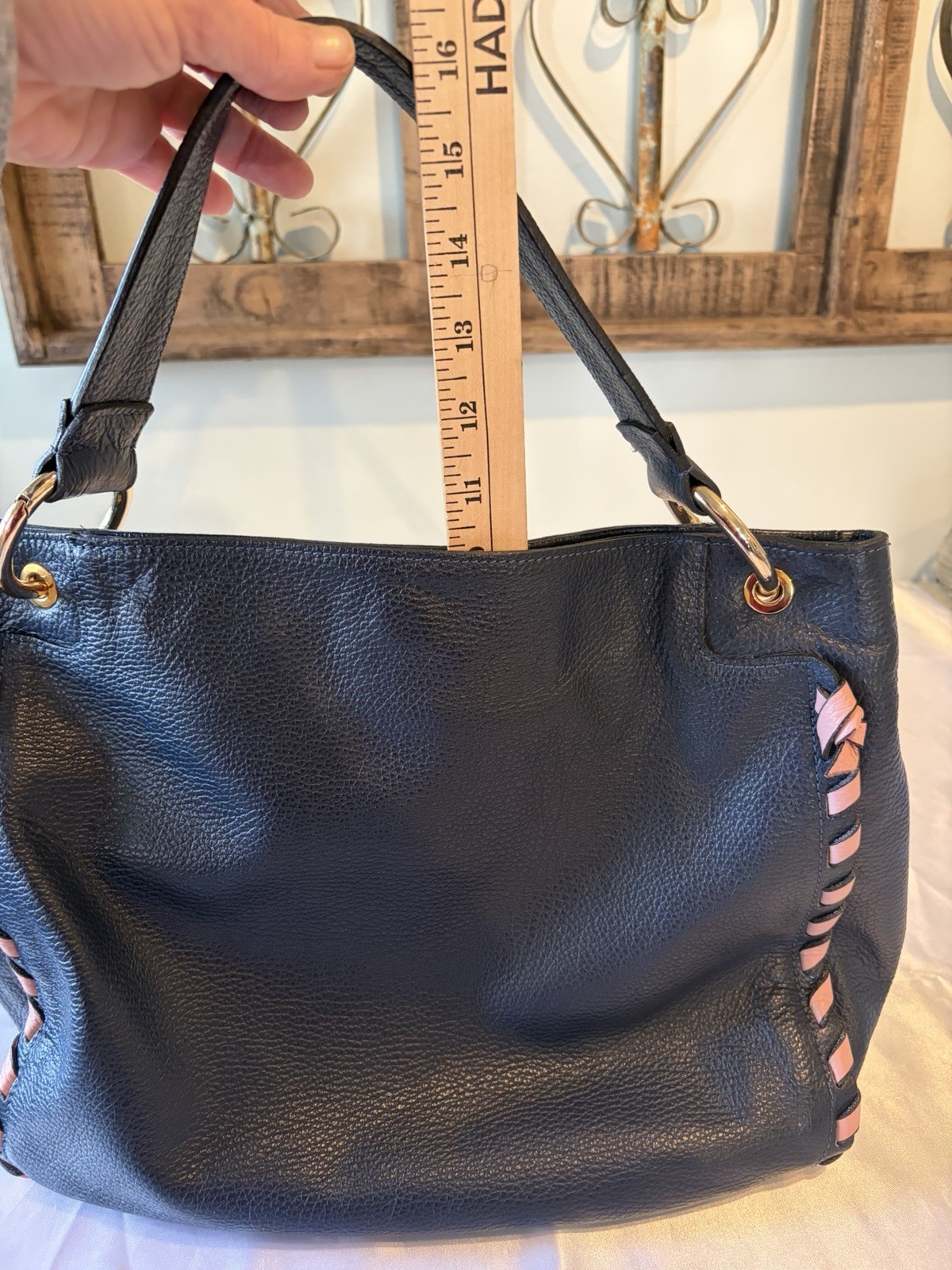 A. Bellucci Leather Handbag Blue W/ Pink Whipstitching Removable Crossbody Strap