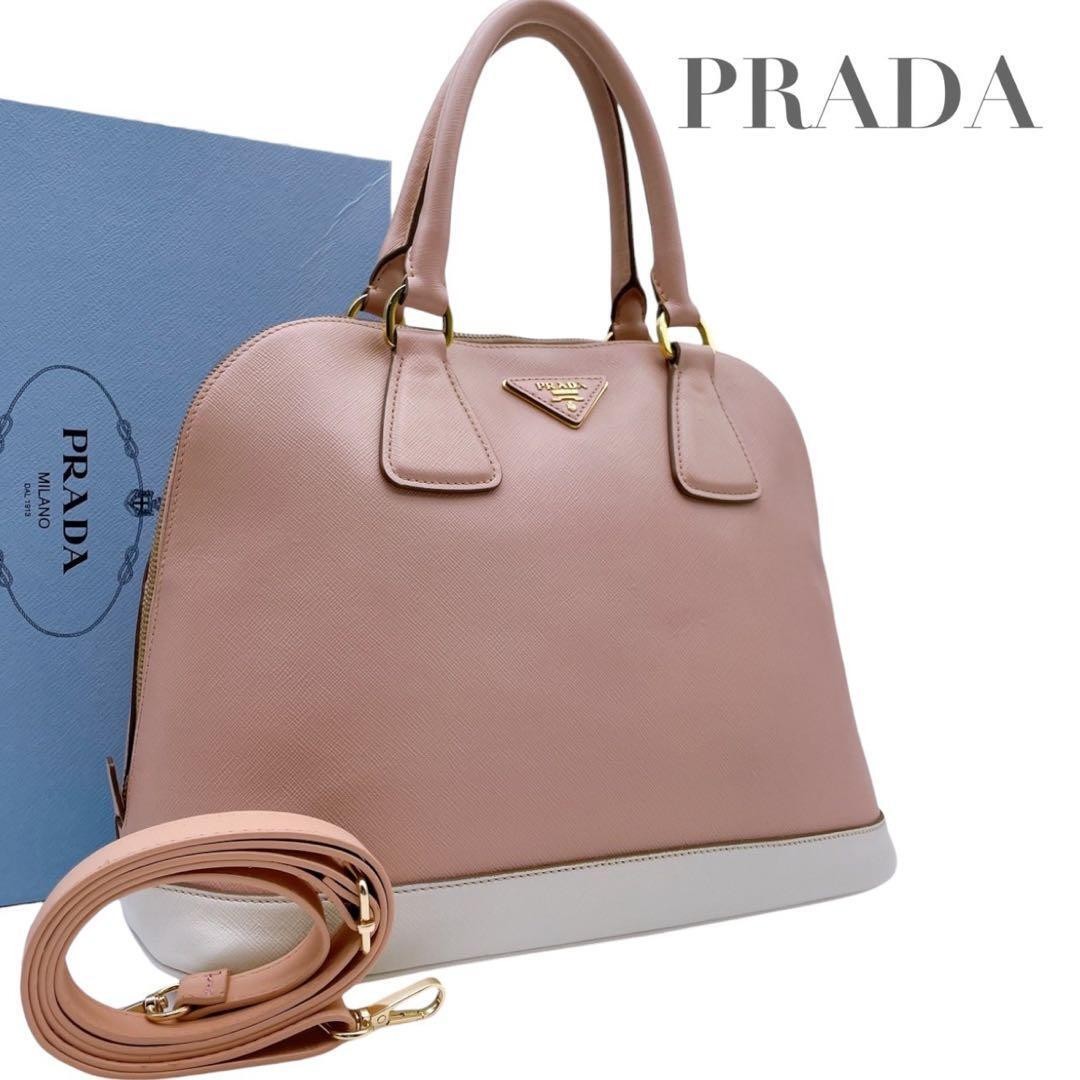 PRADA Saffiano Leather Handbag 2way Shoulder Bag Bicolor White Pink 5620 33cm
