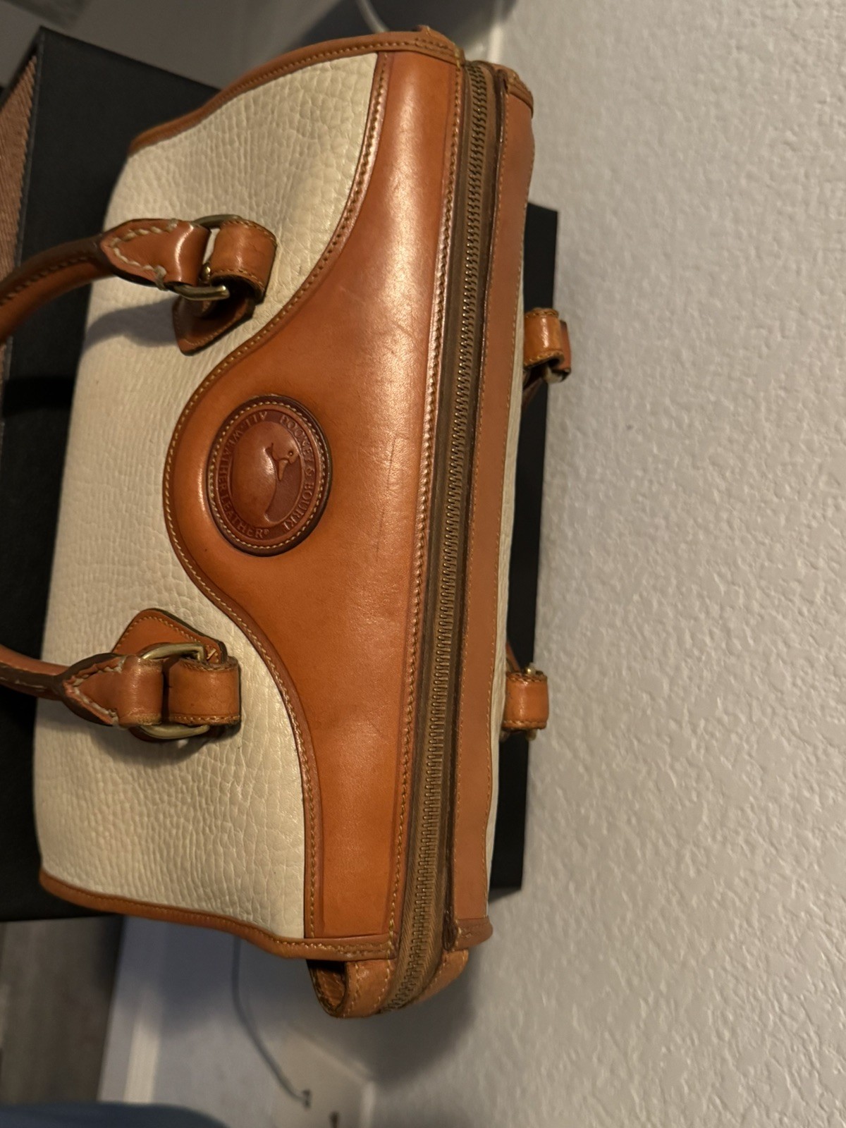 Dooney & Bourke All Weather Leather Tan and Cream Leather Handbag Satchel Duffel