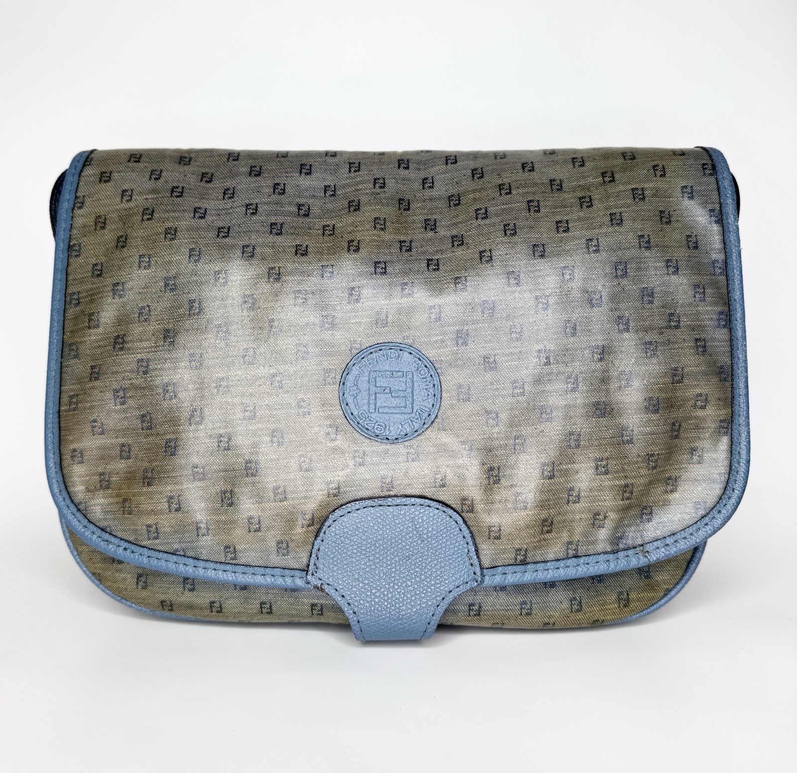 Vintage Fendi 80s FF Monogram Crossbody Messenger Bag Blue Trim