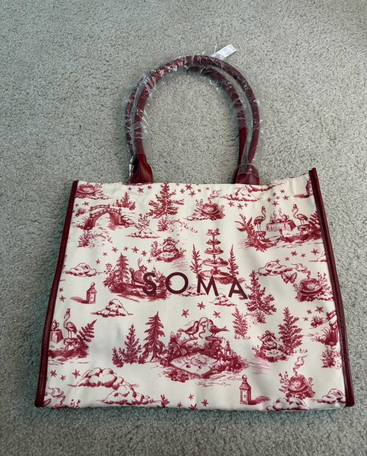 Soma Cream Burgundy Toile Tote Bag Magnetic Snap Closure Lined Silver Hardware