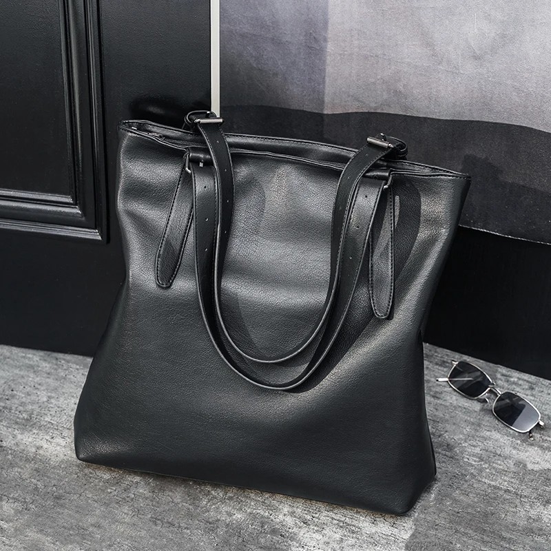 Unisex Black Leather Tote Bag Large Work Laptop Shopper Purse Adjustable Strap