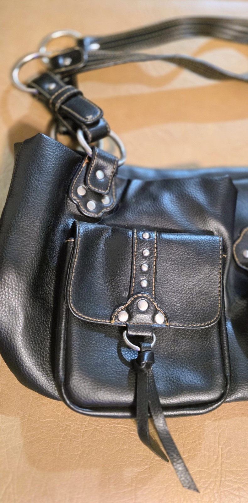 Unlisted Y2K Black Studded Moto Shoulder Bag Leather Multi Pocket Purse