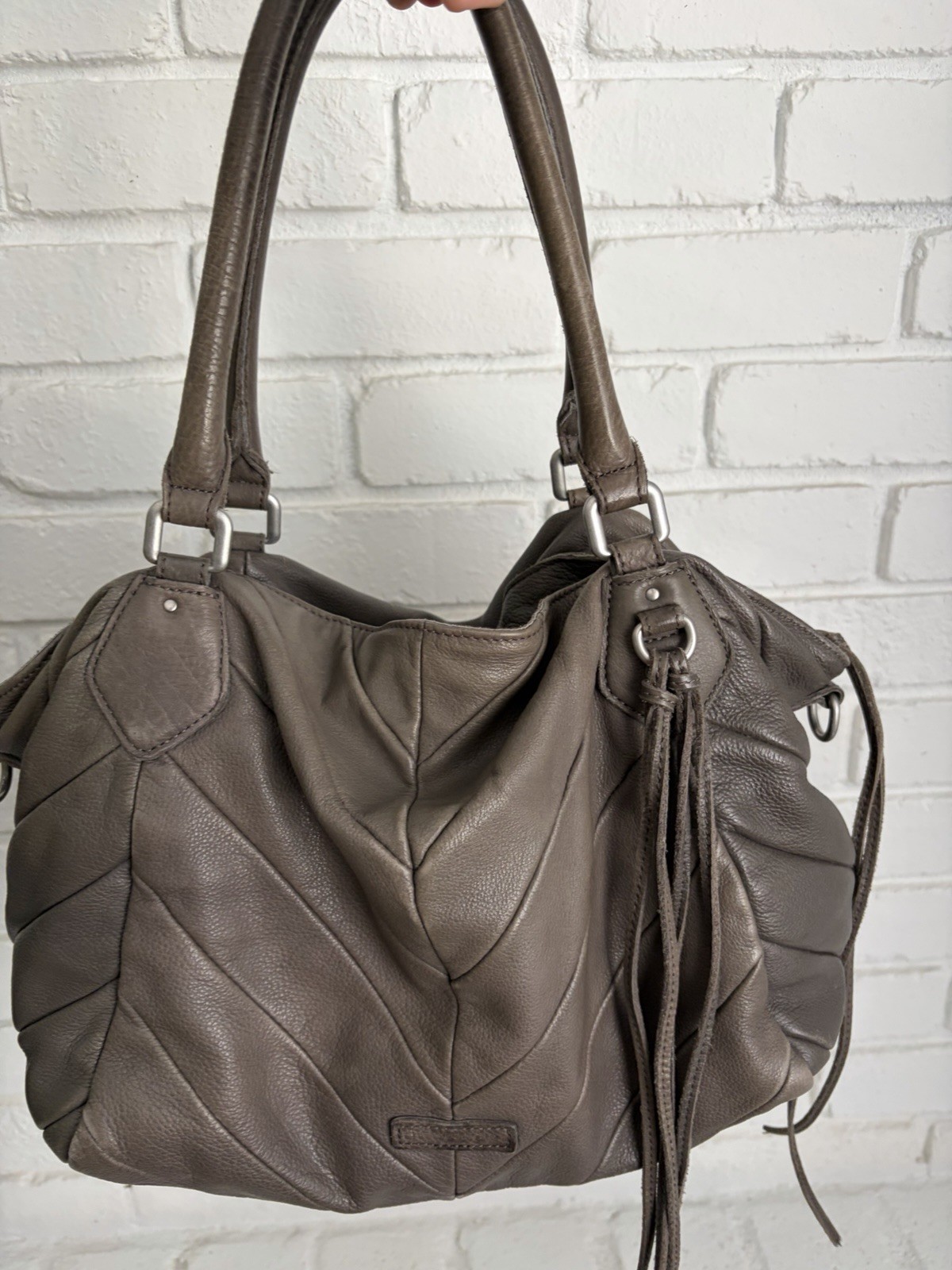 Liebeskind Berlin Gray Pebbled Satchel Top Handle Zip Tassel Silver Hardware